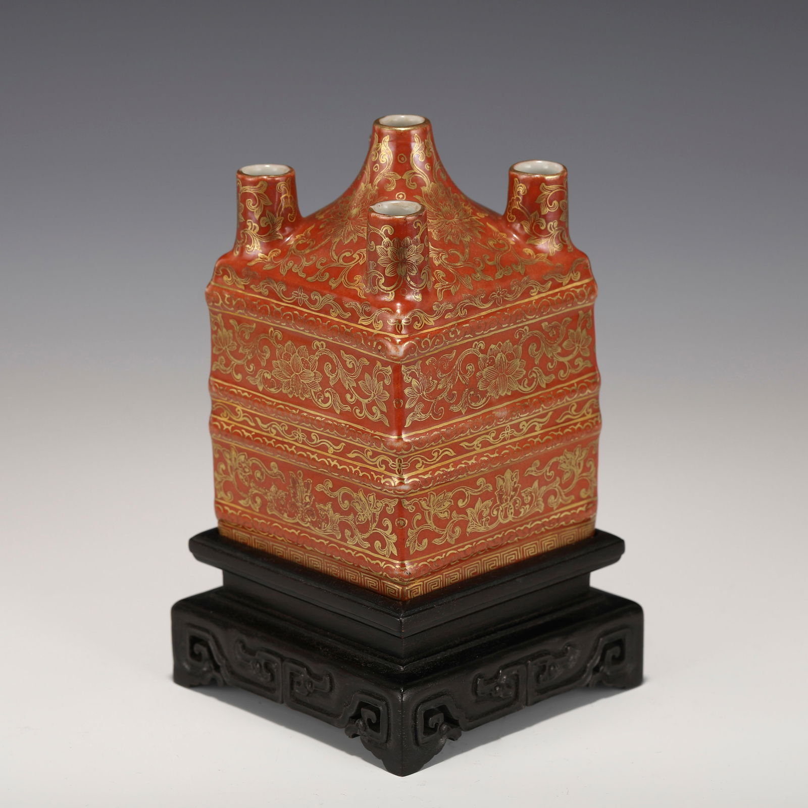 QING QIANLONG FIVE-BARREL GILT DECORATED CONG VASE ON STAND (1 of 10)