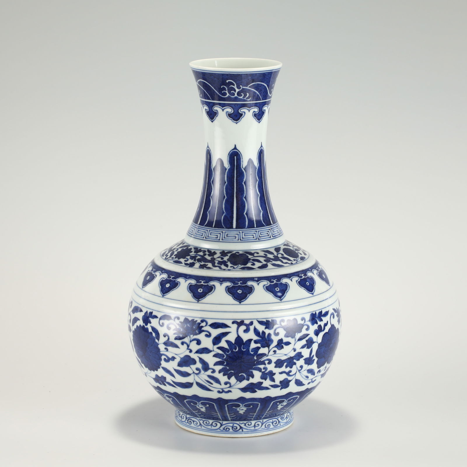 QING XUANTONG BLUE AND WHITE APPRECIATION BOTTLE: PROVENANCE: From Bluffton, SC Private Collector. Dimensions: Height: 39.7 cm,cm, Diameter: 23.5 cm Chinese Qing Dynasty Xuan tong Blue and White Porcelain Appreciation Bottle Vase. The porcelain pott