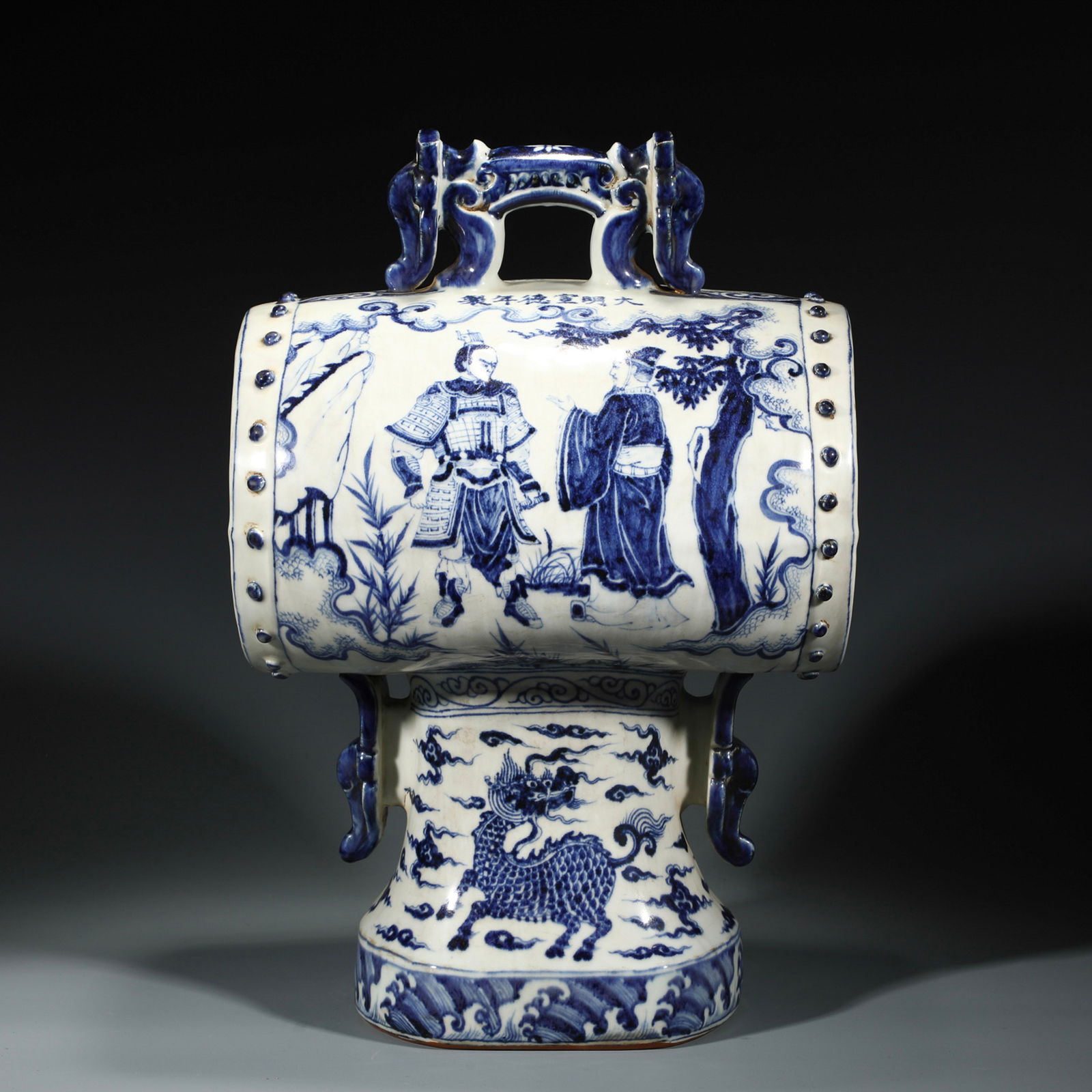MING XUANDE BLUE & WHITE PORCELAIN DRUM: Dimensions: Length: 29. 5cm, Width: 23cm, Height: 44cm Chinese Ming Dynasty XuanDe Blue and White Porcelain Drum. Potted into hexagonal cylindrical, thick and large, a hook on the left and right side