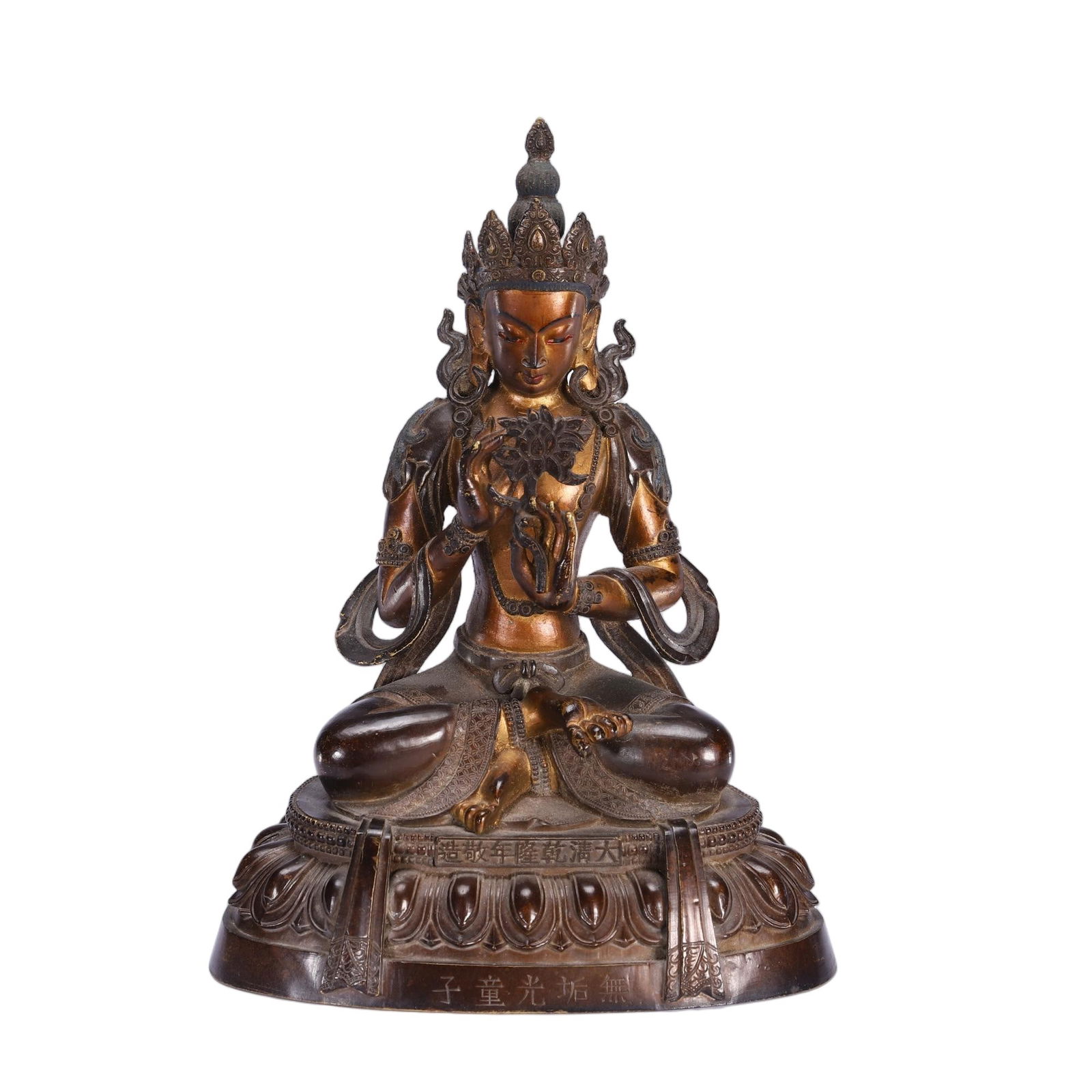 CHINESE GILT-BRONZE BUDDHA FIGURE: Dimensions: H. 16.5 cm. Weight 1320 grams. This serene Chinese gilt-bronze figure depicts a seated bodhisattva in dhyanasana, atop a double-lotus base. The figure wears an ornate crown and flowing