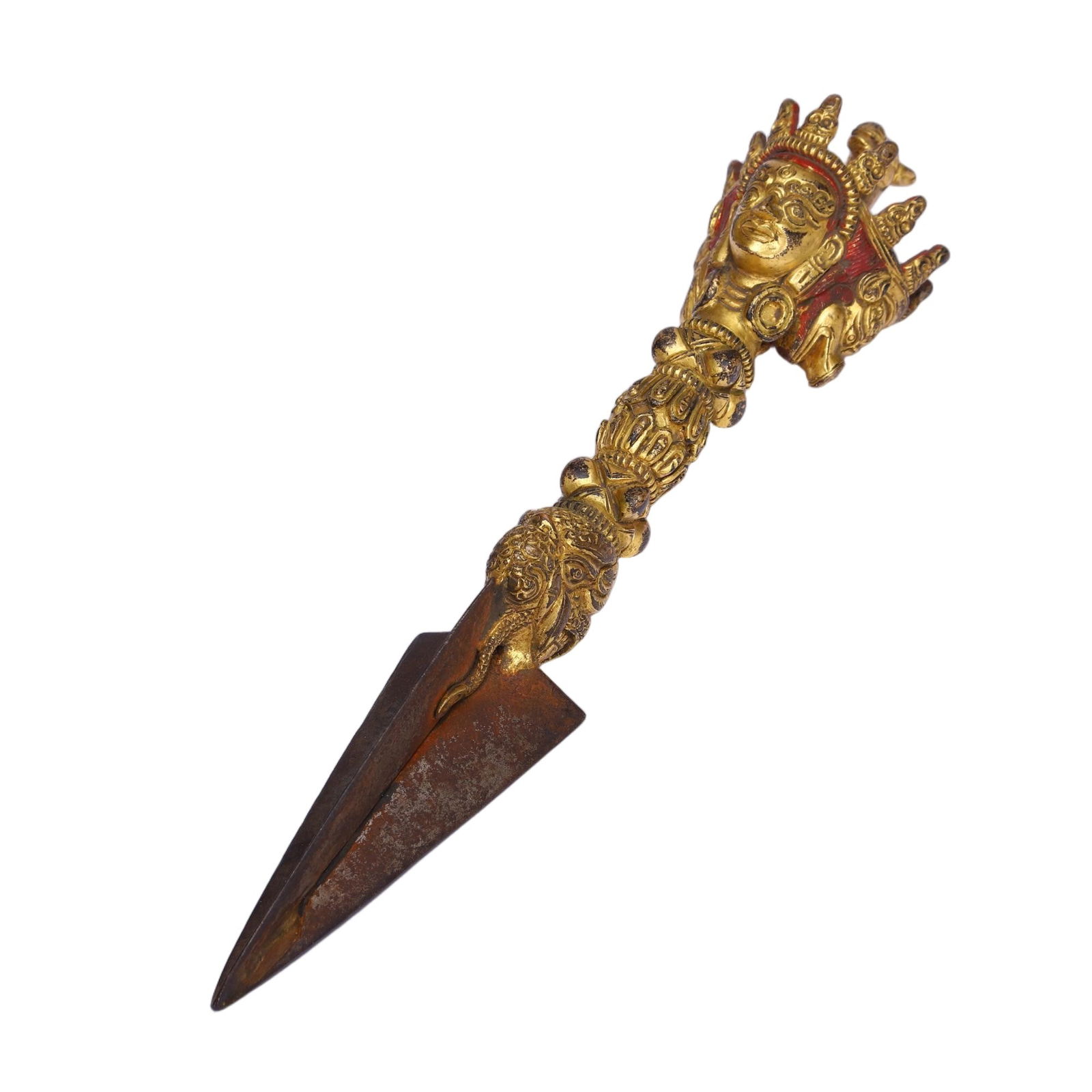 CHINESE GILT BRONZE VAJRA: Dimensions: L. 23 cm. Weight 380 grams. This imposing Chinese gilt bronze vajra, or ritual thunderbolt, features a classic double-headed design with five prongs on each end, representing the five