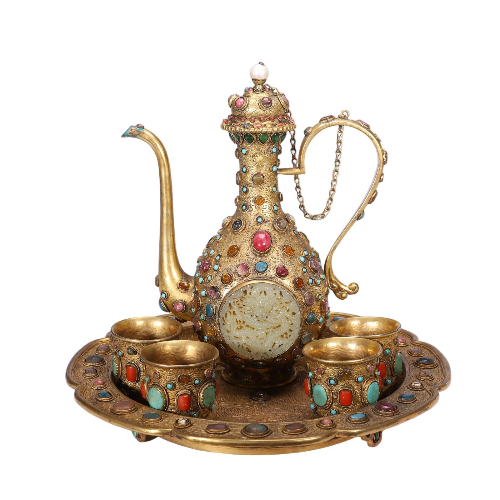 CHINESE GILT-BRONZE JEWELED WINE SET: Dimensions: L. 17.5 cm. W. 17.5 cm. H. 23 cm. Weight 2550 grams. This exquisite Chinese gilt-bronze wine set comprises a ewer, four cups, and a matching tray, all lavishly inlaid with
