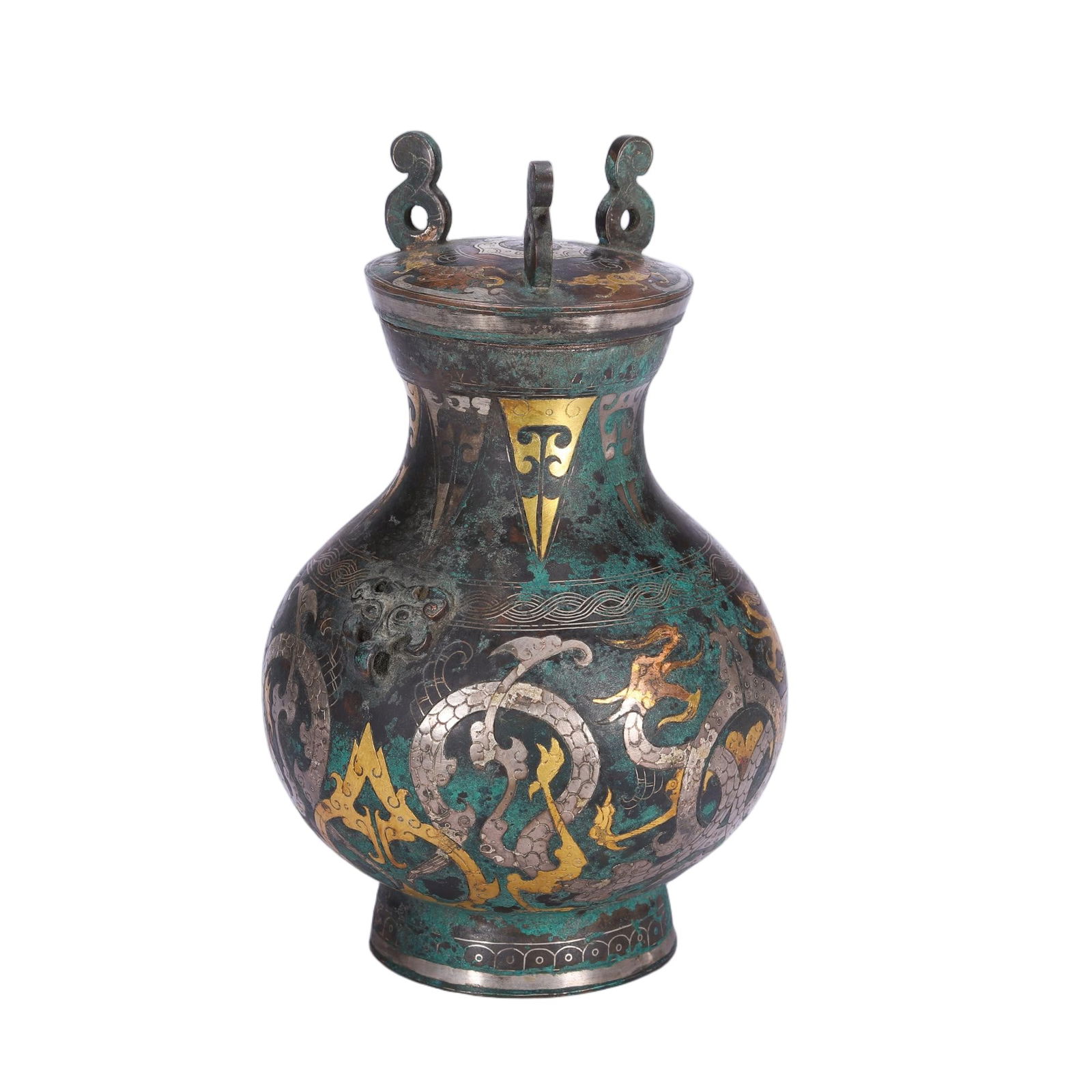 CHINESE GILT-BRONZE SUTRA BOX: Dimensions: H. 18 cm. Weight 990 grams. This magnificent Chinese sutra box is crafted from bronze with lavish silver and gilt detailing, featuring a rectangular form raised on four short feet. The