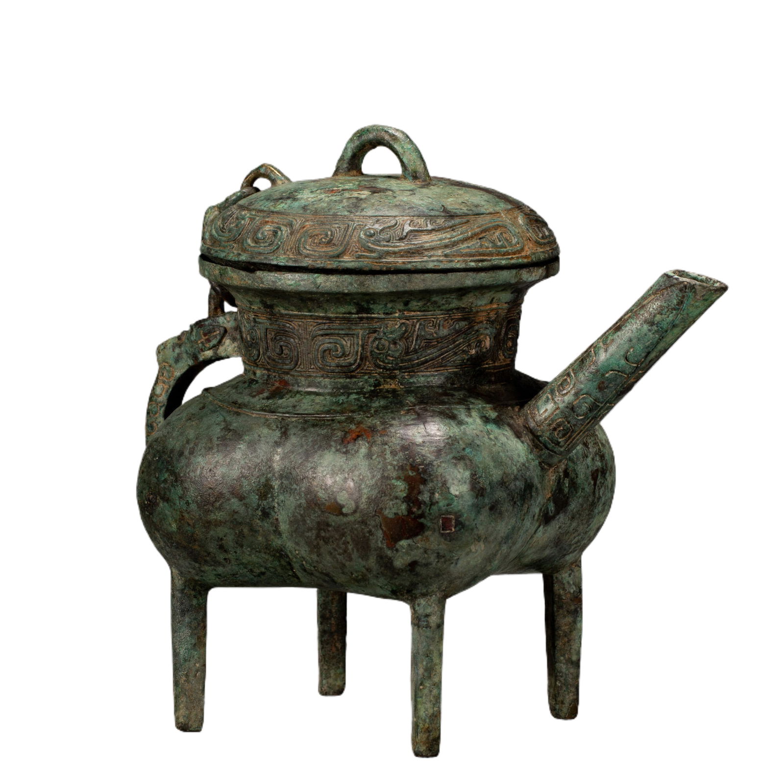 CHINESE BRONZE HU: Dimensions: L. 26 cm. W. 16 cm. H. 22 cm. Weight 3320 grams. This fine Chinese bronze hu features a domed lid with a loop handle, a bulbous body raised on four slender legs, and a curved spout. Its su