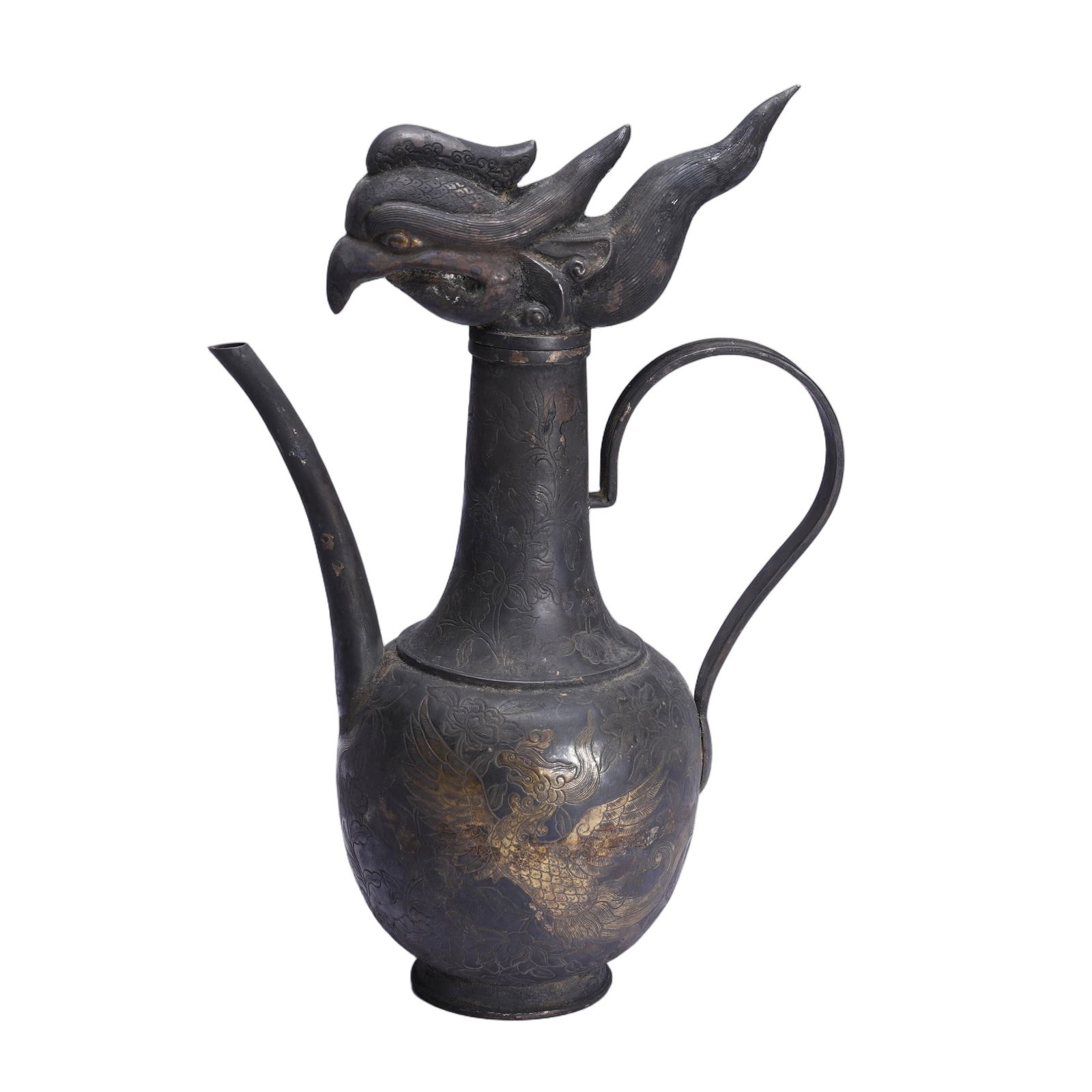 CHINESE SILVER PHOENIX EWER: Dimensions: L. 16.5 cm. W. 12 cm. H. 24 cm. This elegant Chinese silver ewer is crowned with a dramatic phoenix-head finial, its sinuous form featuring a slender spout and curved handle. The body