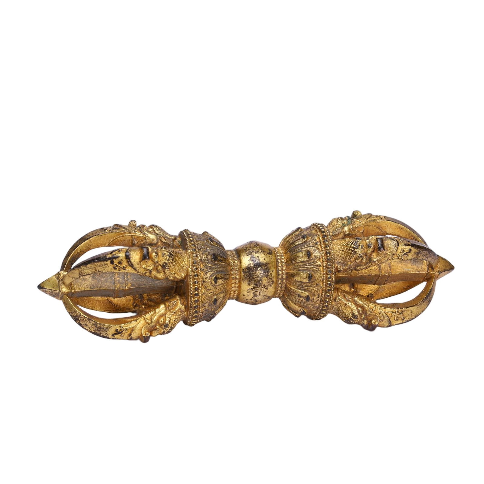 CHINESE GILT BRONZE VAJRA: Dimensions: L. 14 cm. Weight 250 grams. This imposing Chinese gilt bronze vajra, or ritual thunderbolt, features a classic double-headed design with five prongs on each end, representing the five