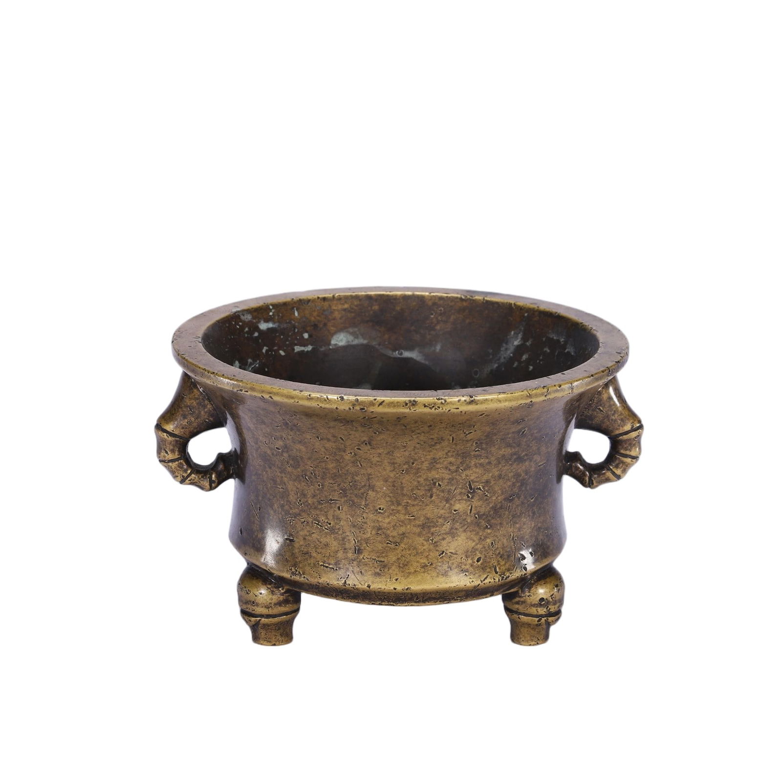 CHINESE BRONZE TRIPOD CENSER: Dimensions: L. 12 cm. W. 12 cm. H. 7.5 cm. Weight 900 grams. This compact Chinese bronze censer features a wide, flared rim that tapers to a sturdy body, flanked by two bamboo-form handles that