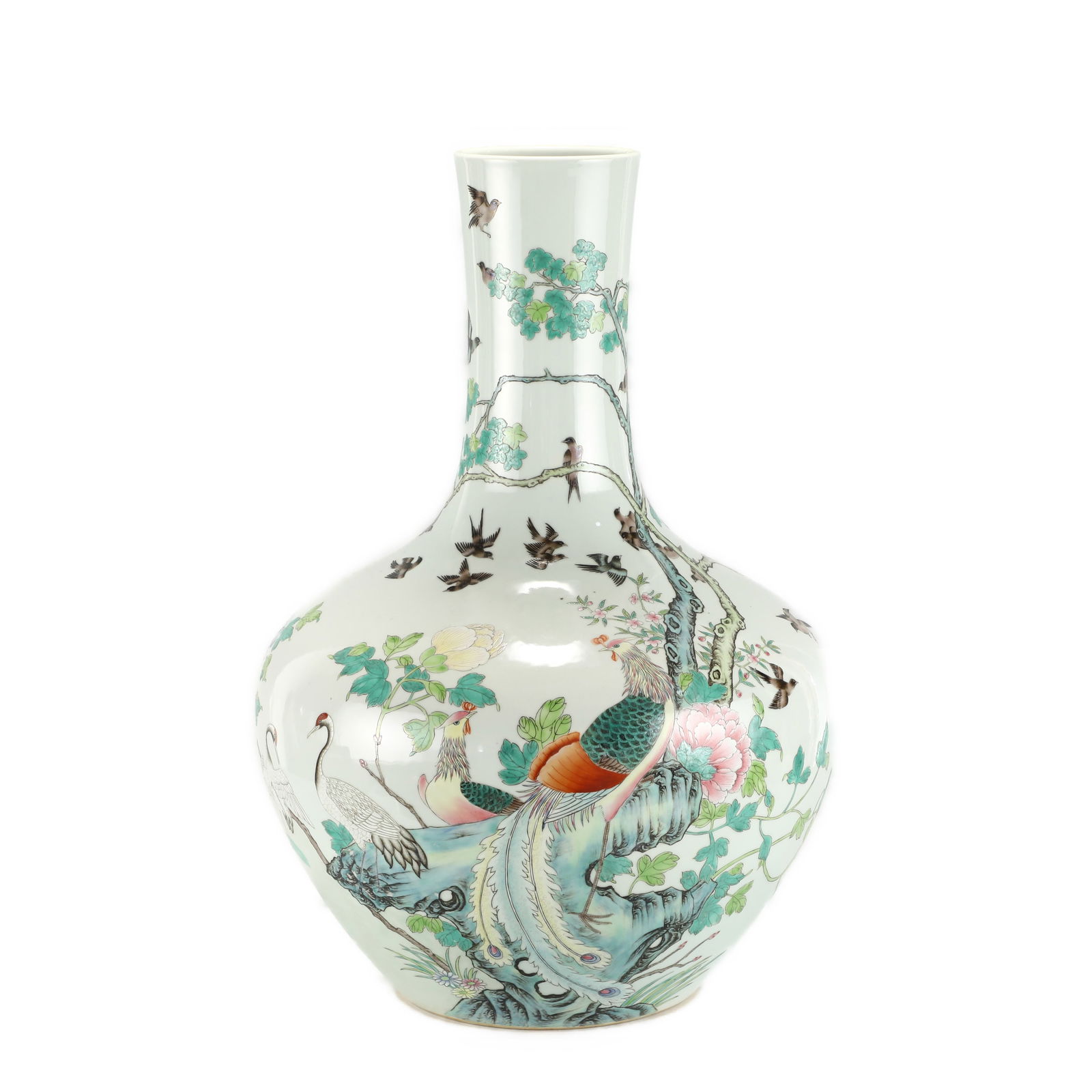 QING FAMILLE ROSE FLOWER AND BIRD CELESTIAL VASE WITH FIVE LINGS: PROVENANCE: From Bluffton, SC Private Collector. Dimensions: Height: 56 cm,cm, Diameter: 38.8 cm Chinese Qing Dynasty Famille Rose Flower and Bird Porcelain Celestial vase. The porcelain potted in la