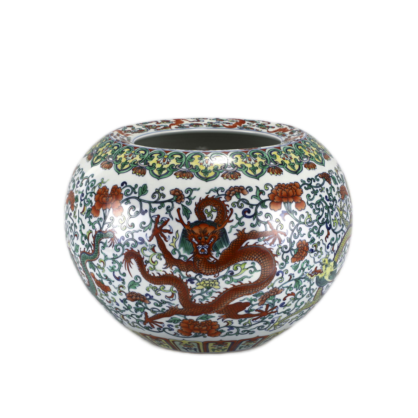 QING YONGZHENG DOUCAI BRUSH WASHER: PROVENANCE: From waldorf, MD Private Collector. Dimensons: Height: 27 cm, Diam: 37.5 cm Chinese Qing Dynasty Yongzheng Doucai Dragon Porcelain Brush washer Pot. The porcelain potted with a shallow bod