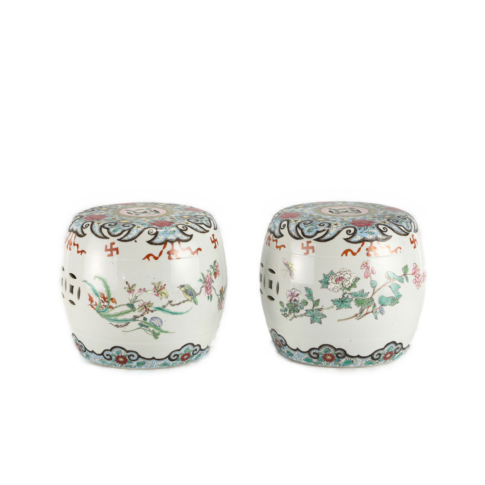 QING YONGZHENG FLOWER EMBROIDERED PIER: PROVENANCE: From Bluffton, SC Private Collector. Dimensions: Height: 19.7 cm,cm, Diameter: 23 cm Pair of Chinese Qing Dynasty Yongzheng Flower Embroidered Pier Porcelain. Potted in drum body, short a