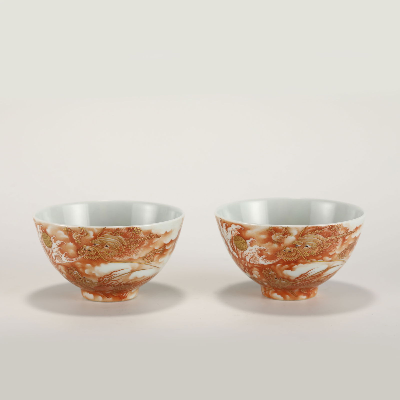 QING YONGZHENG GOLDEN RED DRAGON BOWL: PROVENANCE: From Bluffton, SC Private Collector. Dimensions: Height: 5 cm,cm, Diameter: 9 cm Pair of Chinese Qing Dynasty Yongzheng Golden Red Goat Porcelain Bowls. The porcelain potted with a shallo