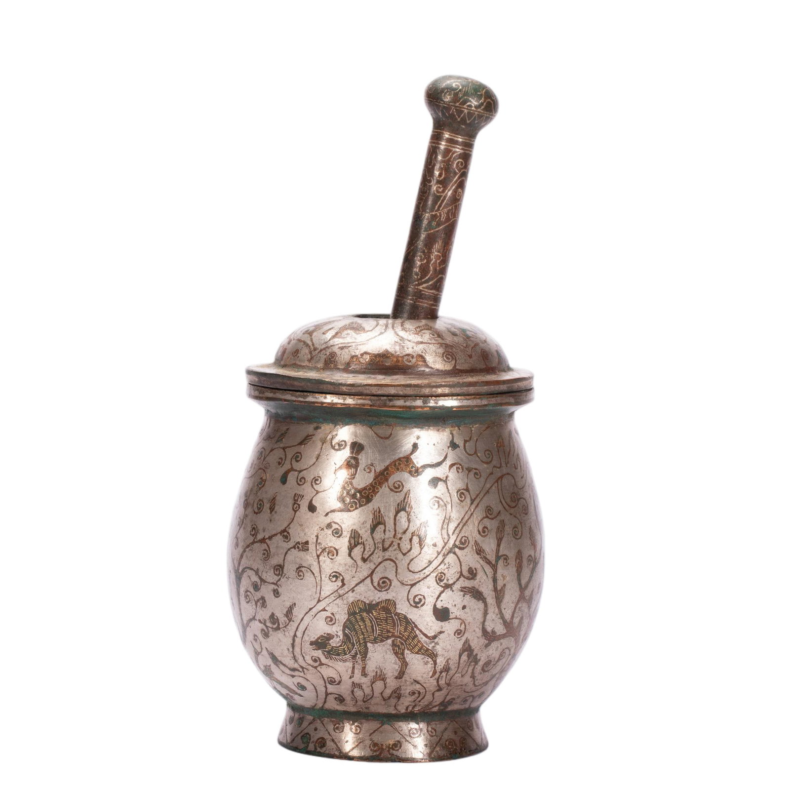 A CHINESE SILVER INLAID BRONZE MORTAR SET (1 of 8)