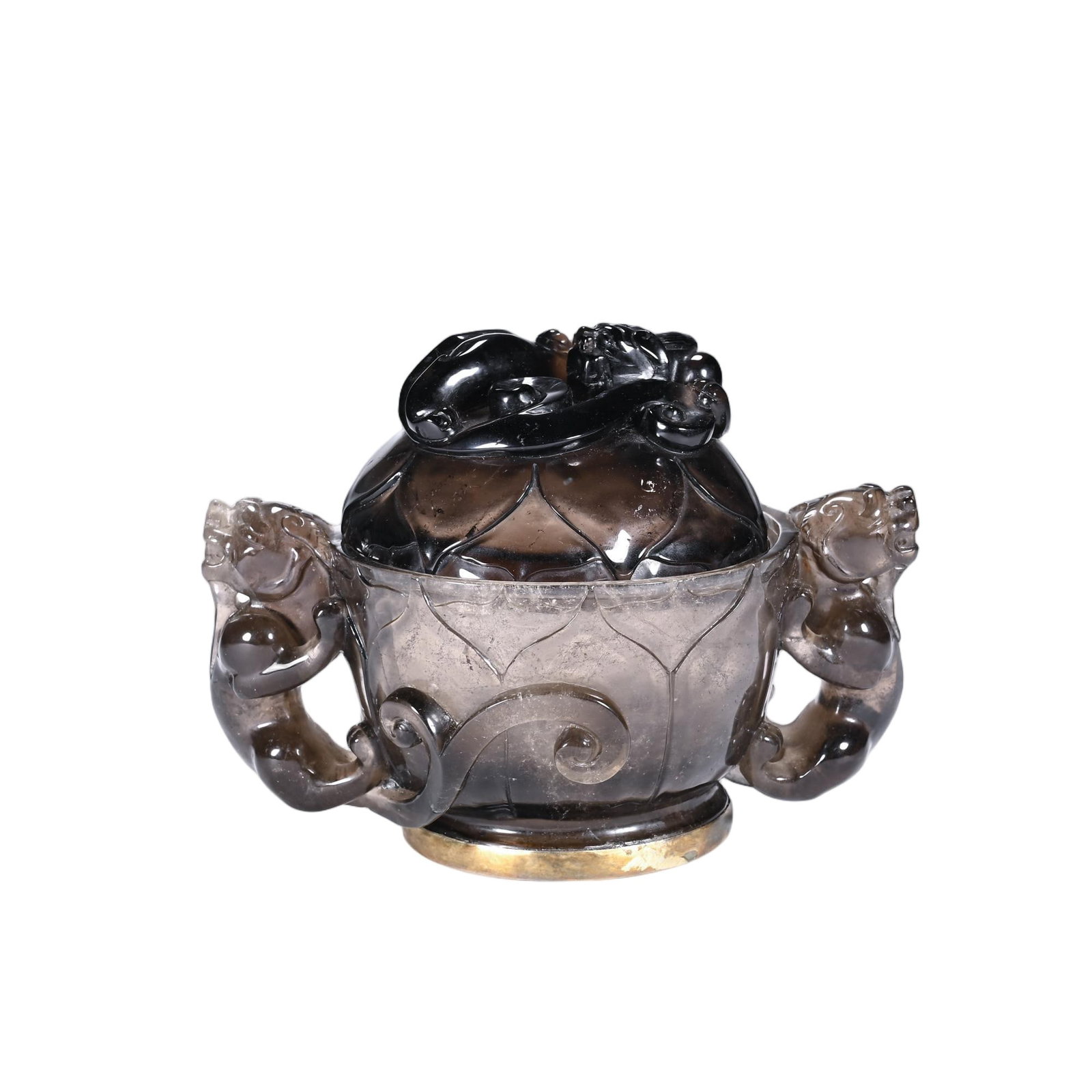 A CHINESE CRYSTAL DRAGON MOTIF CENSER: Standing 13 cm tall and spanning 17 cm in width, this elegant censer is carved from translucent smoky rock crystal boasting soft dark tonal depth across its polished facade. The rounded bowl is incise