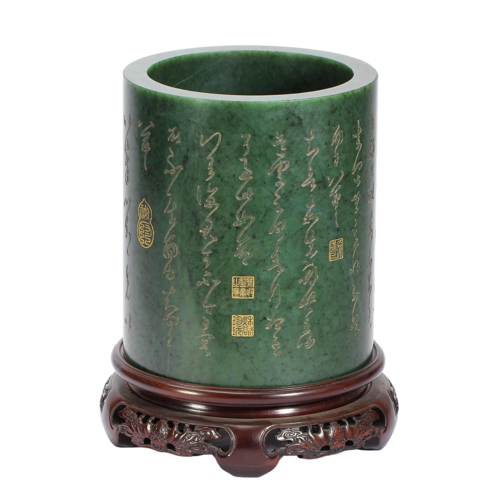 A CHINESE SPINACH JADE POEM BRUSH POT: Crafted from rich deep-green spinach nephrite, this cylindrical brush pot exhibits the natural faint mottling inherent to fine jade material, with smoothly rounded top rims and a polished, even interi