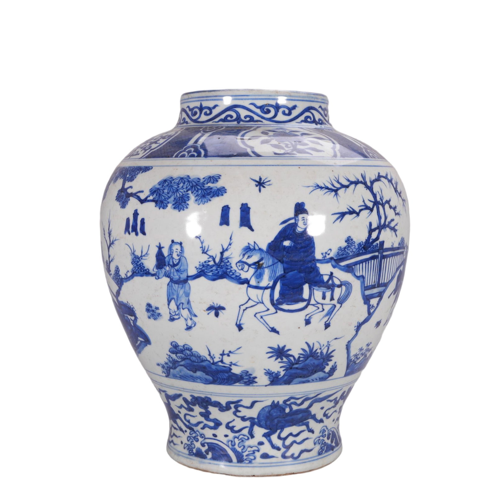 A CHINESE BLUE AND WHITE NARRATIVE FIGURE JAR: This stout globular jar features a short cylindrical neck and a tapered stable base, segmented by neatly drawn cobalt blue decorative bands. The main body is painted with a vivid storytelling scene: a