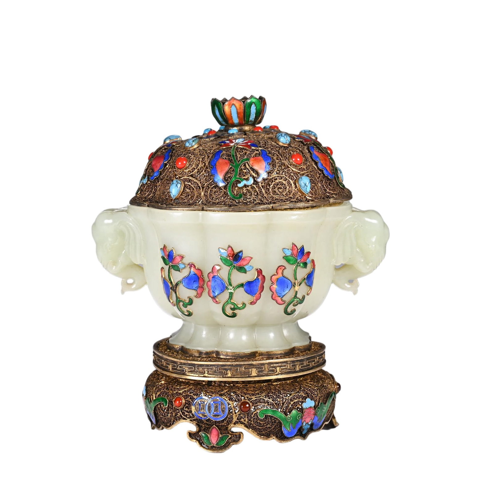 A CHINESE HETIAN JADE GILT FILIGREE CENSER (1 of 10)