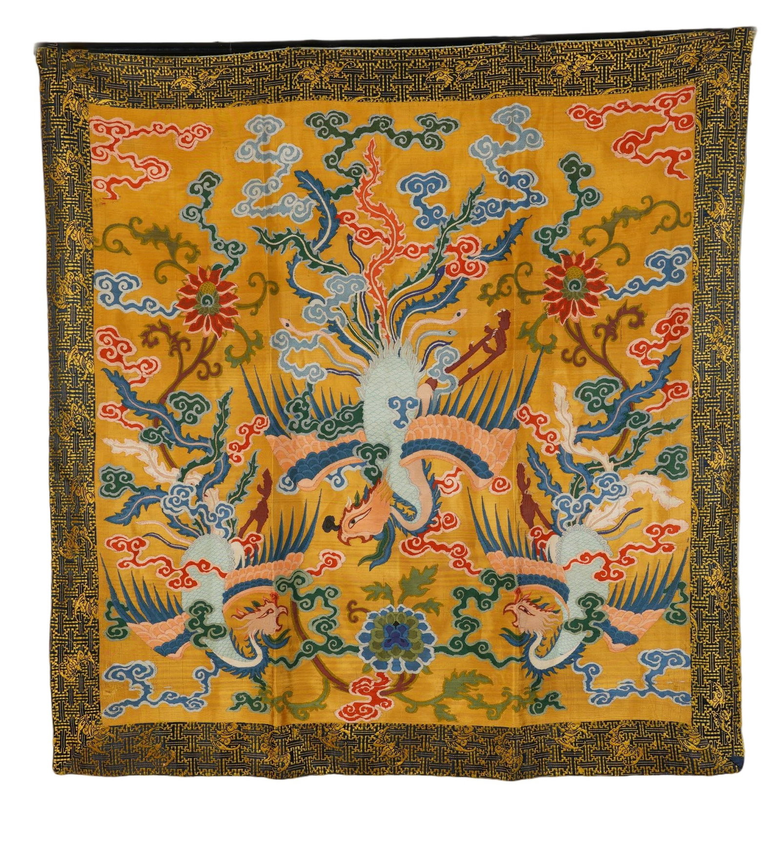 A CHINESE YELLOW THREE PHOENIX BROCADE PANEL (1 of 6)