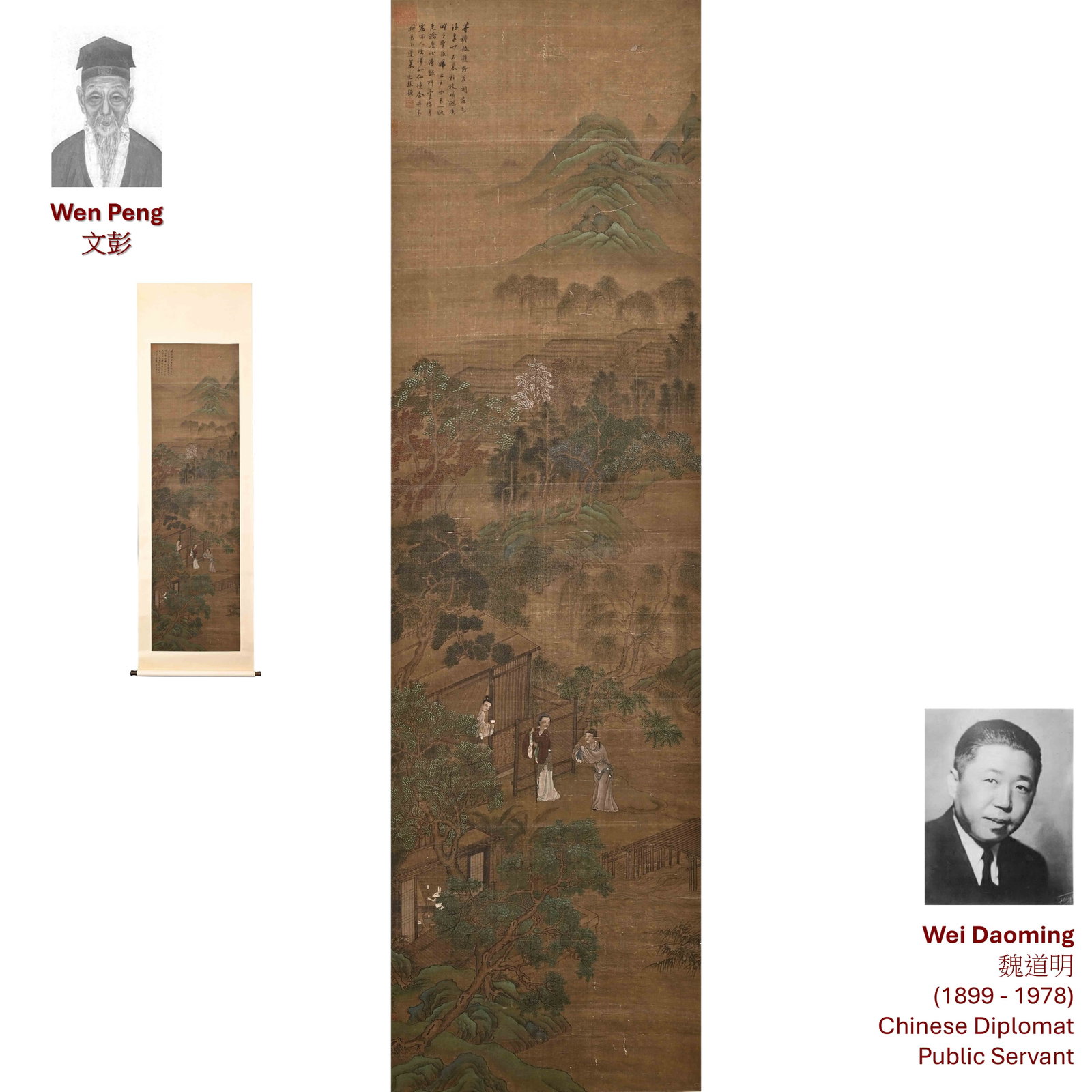 MING DYNASTY WEN PENG SCHOLARS IN A MOUNTAIN RETREAT PAINTING: Artist: Wen Peng (1498-1573) Scholars in a Mountain Retreat The present work depicts an elegant scholar?s retreat set within an expansive landscape of rolling hills, distant mountains, and cultivated 