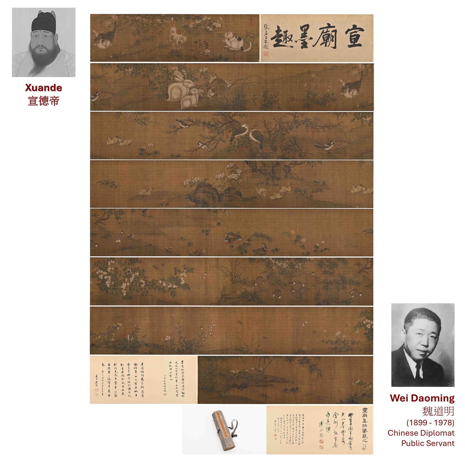 EMPEROR XUANDE ANIMALS AND BIRDS LONG HAND SCROLL: Artist: Emperor Xuande (1399-1435)Painting Delights of the Xuande Emperor (Xuanmiao Huaqu)Ink and color on silk, handscroll, with later inscriptions and collector?s seals.The subject matter itself is 