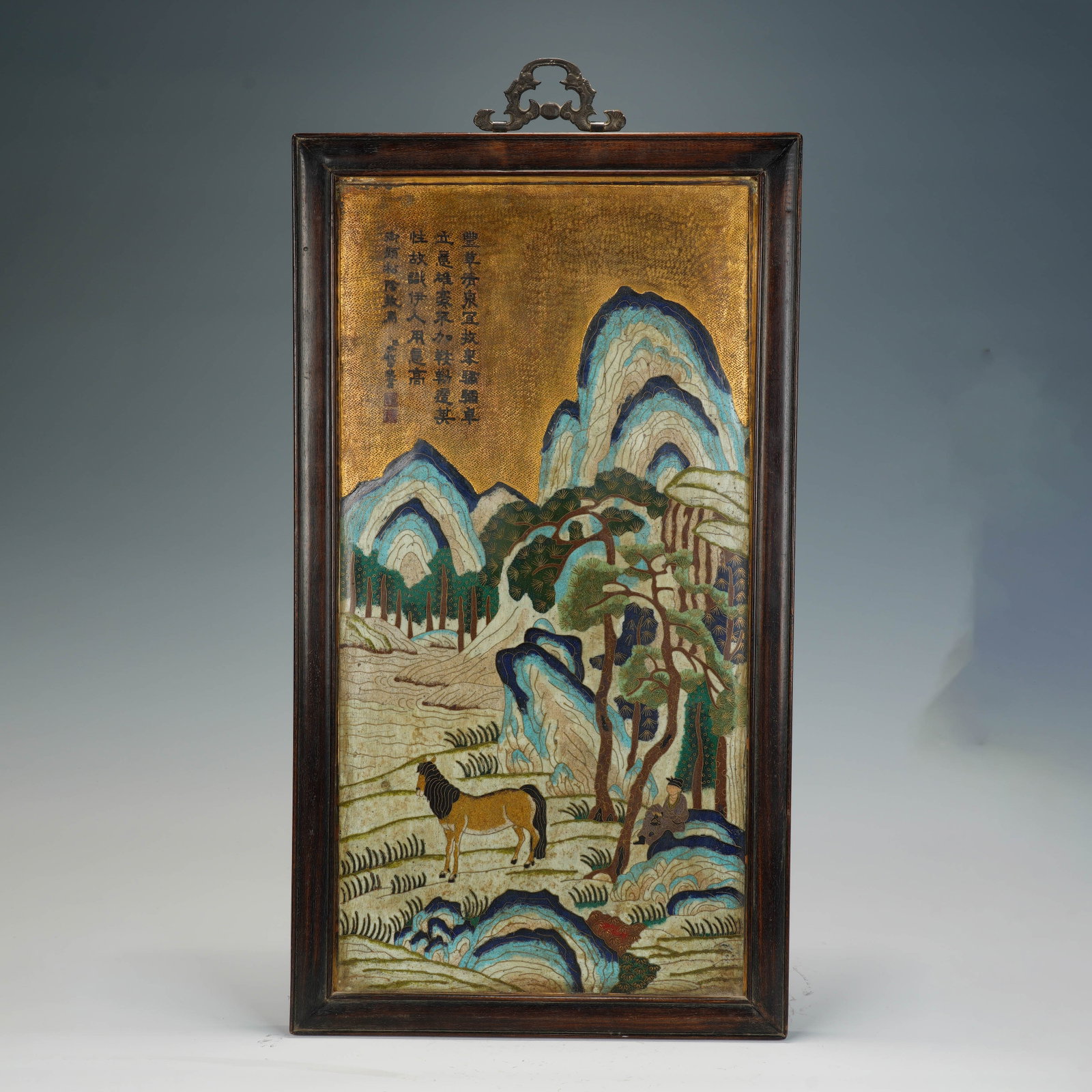 A CHINESE ENAMEL HANGING SCREEN WITH EQUINE SCENE (1 of 5)