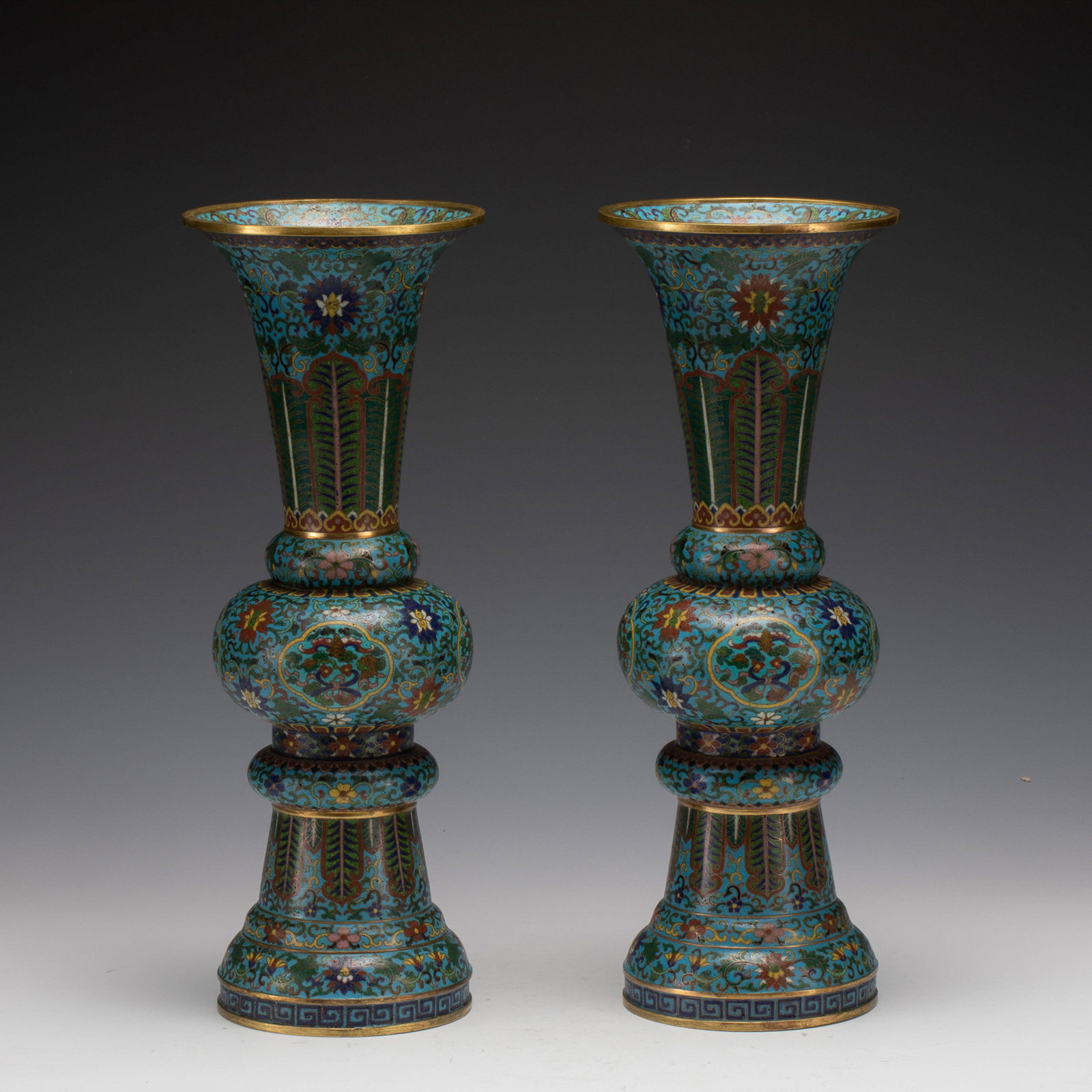 QING QIANLONG CLOISONNE MUSHROOM: Dimensions: Width: 14.5 cm x Heigth: 39 cm , Weigth: 4890 gr Pair of Chinese Qing Dynasty Gilt Bronze QianLong Cloisonne Mushroom Large Vase. Cast in shallow vessel form, having baluster shaped body, 