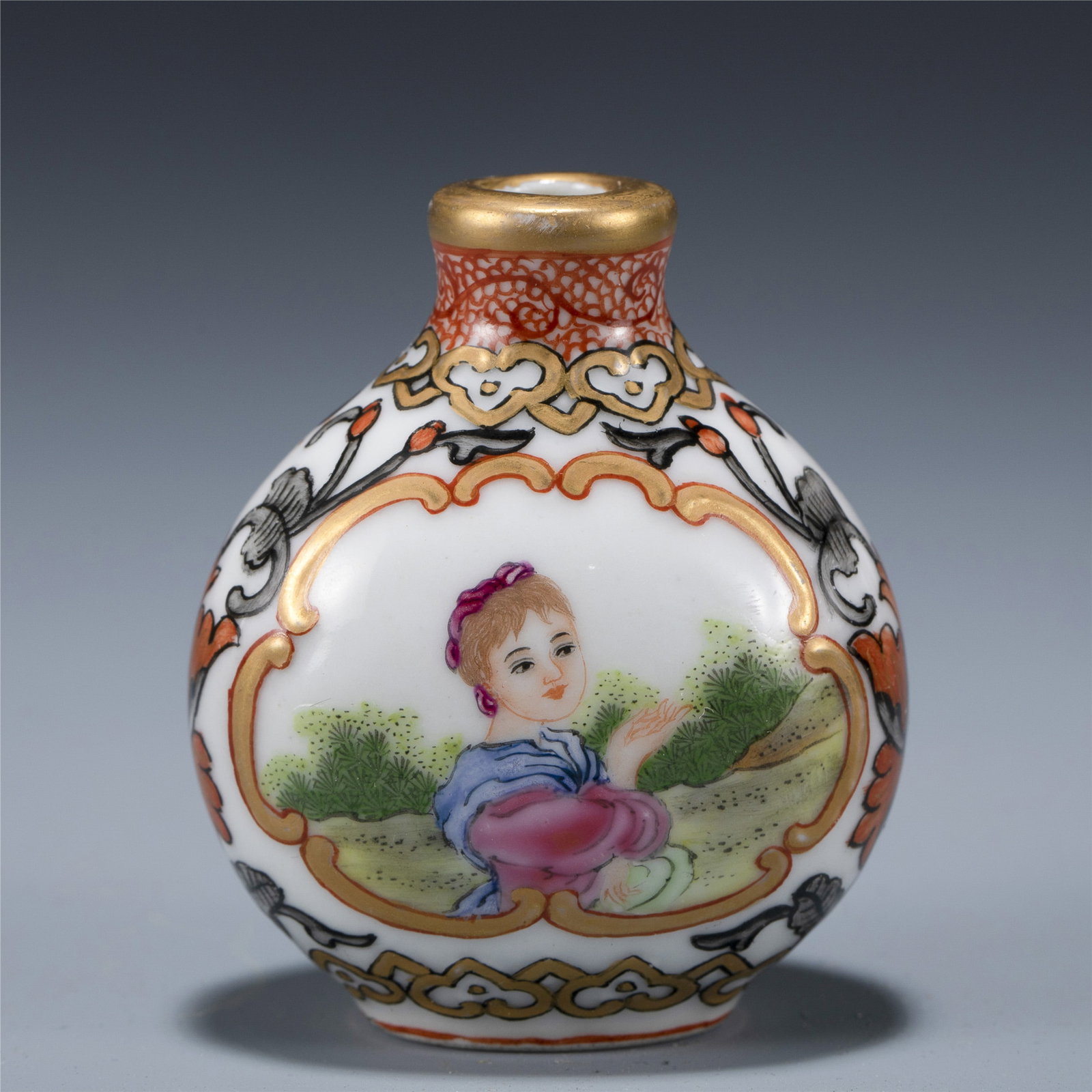 QING FAMILLE ROSE LADY SNUFF BOTTLE: Dimensions: Length: 5 cm, Width: 3.2 cm, Height: 5.7 cm Chinese Qing Dynasty Qianlong Famille Rose Lady Porcelain Snuff Bottle. Potted in snuff bottle, sturdily in bulbous lower body, thick potted, de