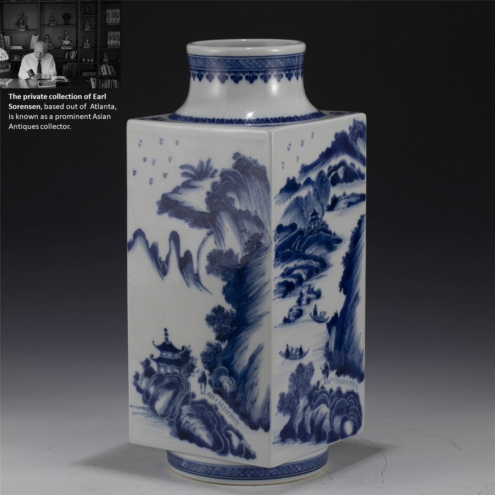 QING QIANLONG BLUE & WHITE SQUARE VASE: PROVENANCE: The private collection of Earl Sorensen, based in Atlanta, Georgia, represents decades of dedicated collecting in the fields of Buddhist art and Chinese jade. An international businessman 