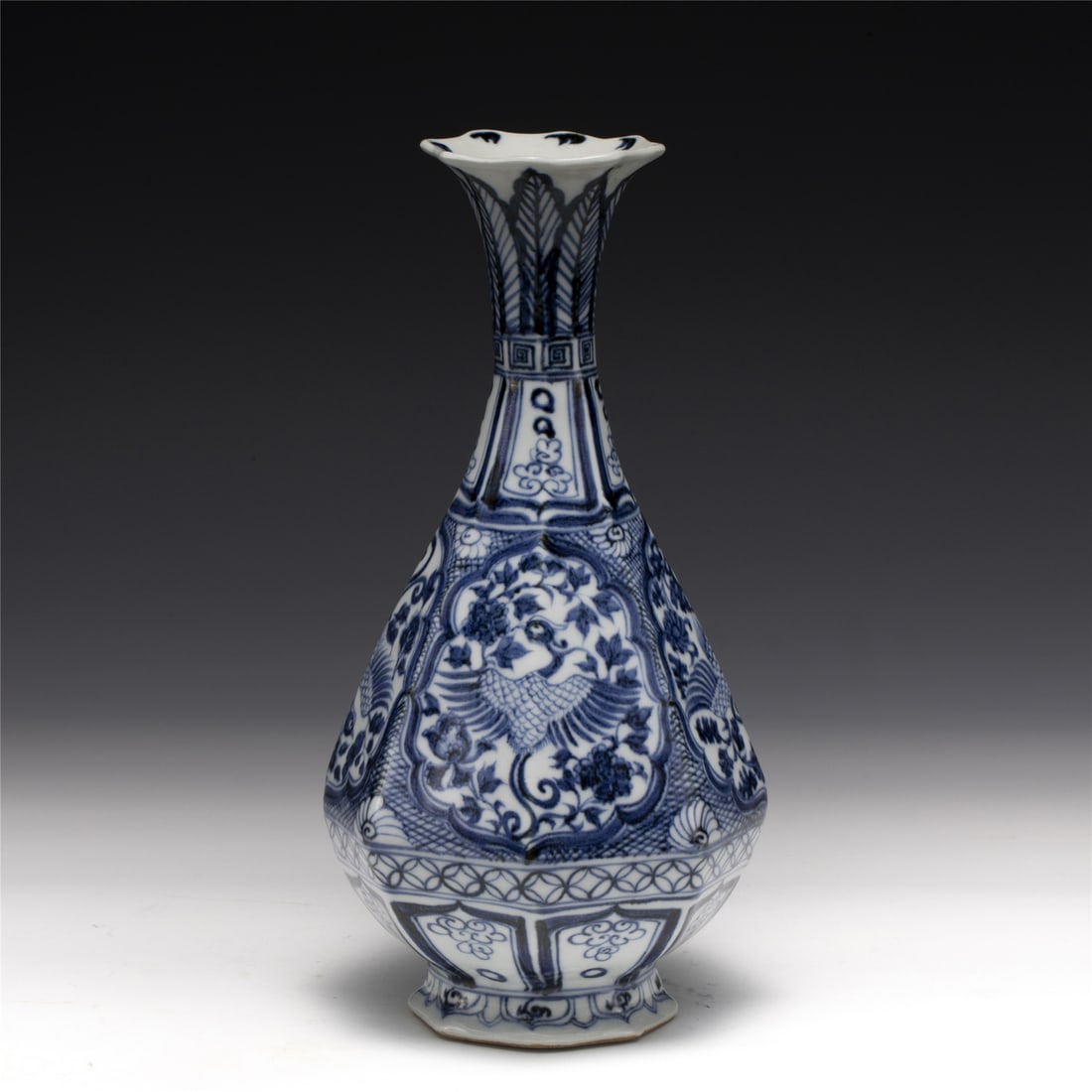YUAN BLUE & WHITE WRAPPED FLORAL PEAR VASE: Dimensions: Width: 13.4 cm, Height: 26.2 cm Chinese Yuan Dynasty Blue and White Porcelain Jade Pot Spring Vase. This vase has a Chinese traditional YuHuChun shape vessel, the pear shaped bottle, flari