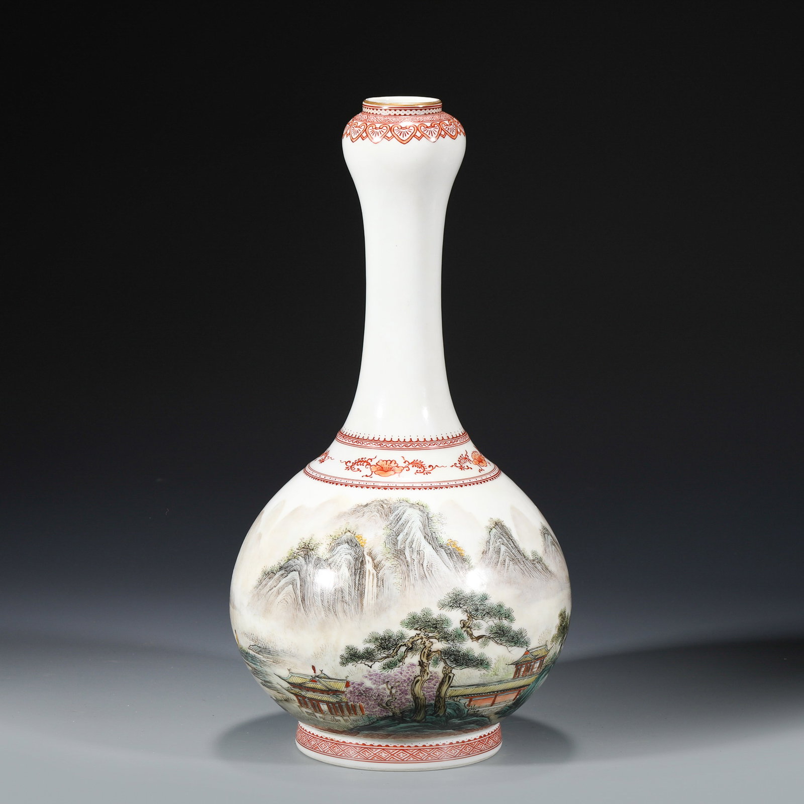 QIANLONG LANDSCAPE GARLIC BOTTLE VASE: Dimensions: Width: 13.5cm, Height: 30cm Chinese Qing Dynasty QianLong Porcelain Garlic Vase. The porcelain potted in garlic bottle vase, bulbous lower belly, thick, cylindrical neck, with shrink on th