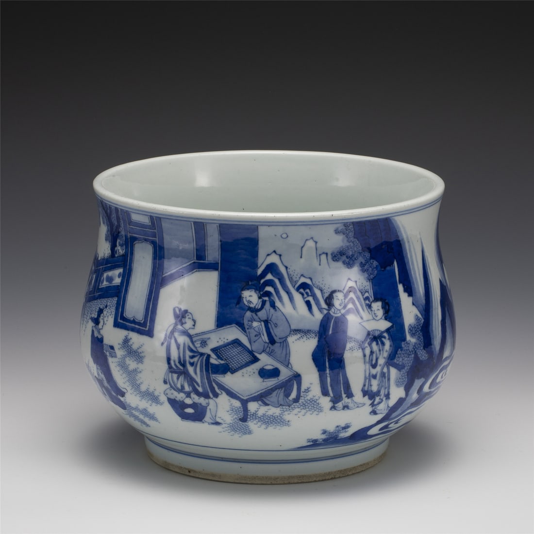 QING KANGXI BLUE & WHITE CENSER: Measurements: Length: 23 cm, Height: 17 cm Chinese Dynasty Qing Dynasty Kangxi Blue and White Porcelain Censer. Potted in tank shape, globular body, thick potted, deep curvature, slight tall and gentl