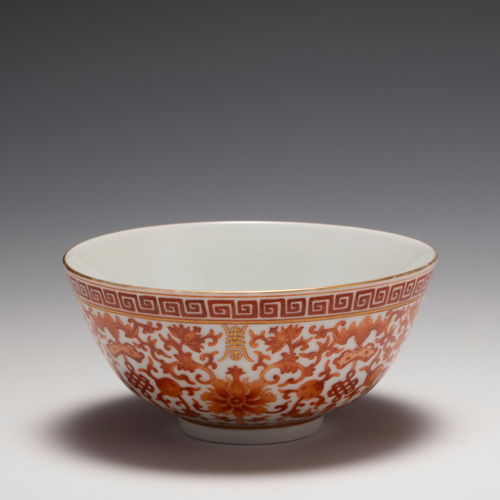 QING DAOGUANG ROSE & GOLD LOTUS BOWL: Dimensions: Width: 14 cm x Heigth: 6.6 cm Chinese Qing Dynasty DaoGuang Red and Gold Lotus Blossom Porcelain Bowl. The porcelain potted in a shallow body, slight deep, flaring rim with close mouth rim