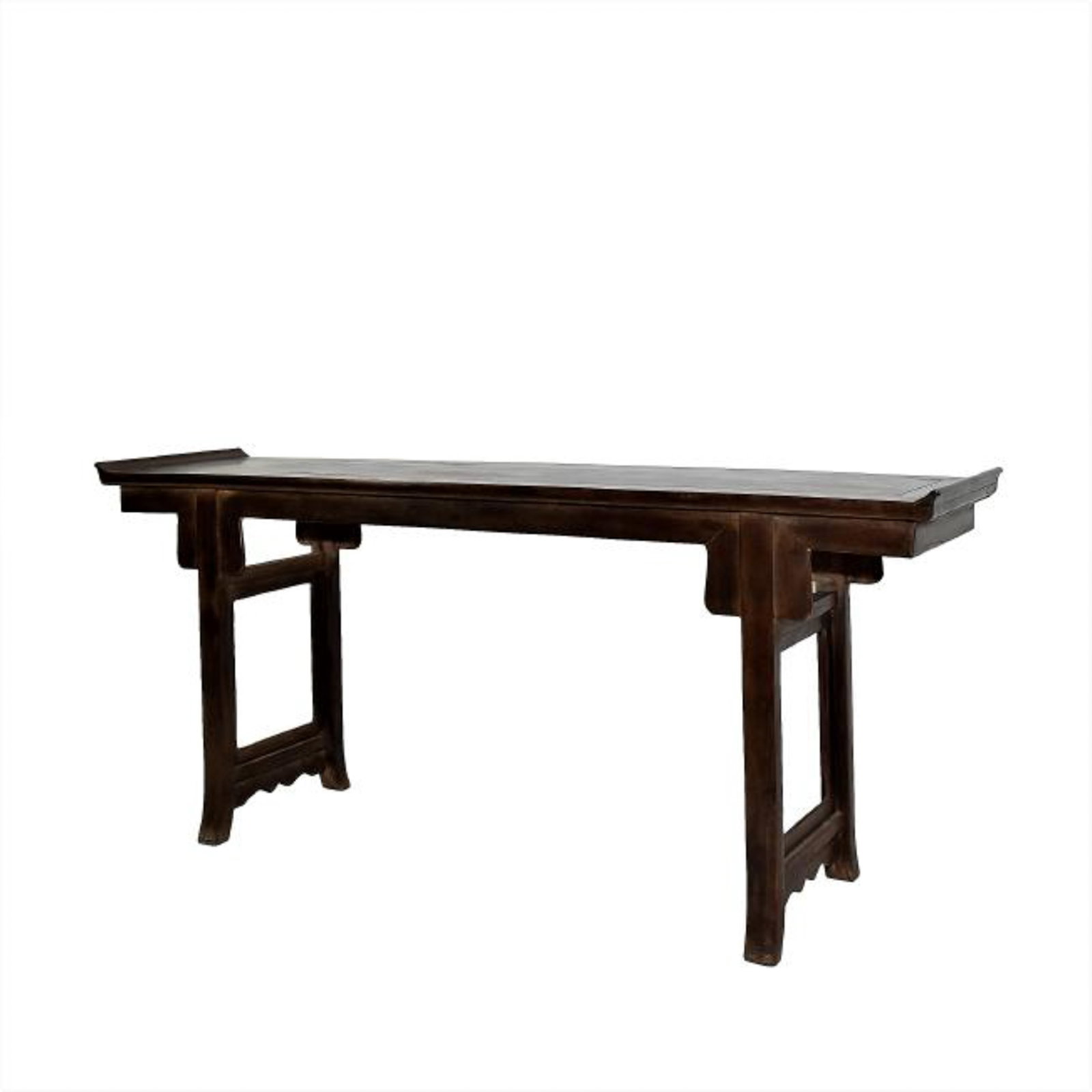 18/19TH C. ANTIQUE CHINESE ZITAN EVERTED ENDS ALTAR: Measurements: Dimension: 32-3/4" H x 70-3/4" L x 17-1/2" D 18/19th C. antique Huanghuali Chinese altar Table. The rectangular top with everted sides surmounting the plain apron and spandrels terminati