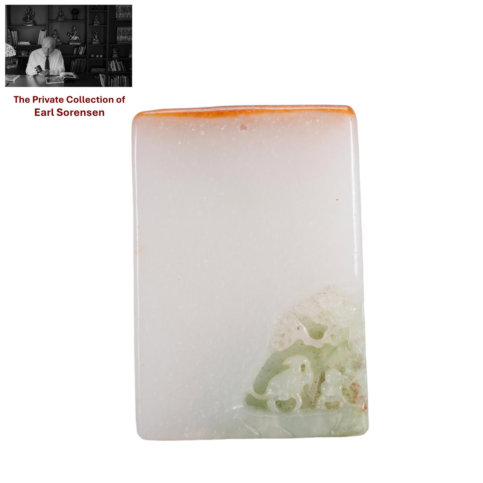 A CHINESE WHITE JADE LANDSCAPE PLAQUE: PROVENANCE: The private collection of Earl Sorensen, based in Atlanta, Georgia, represents decades of dedicated collecting in the fields of Buddhist art and Chinese jade. An international businessman 