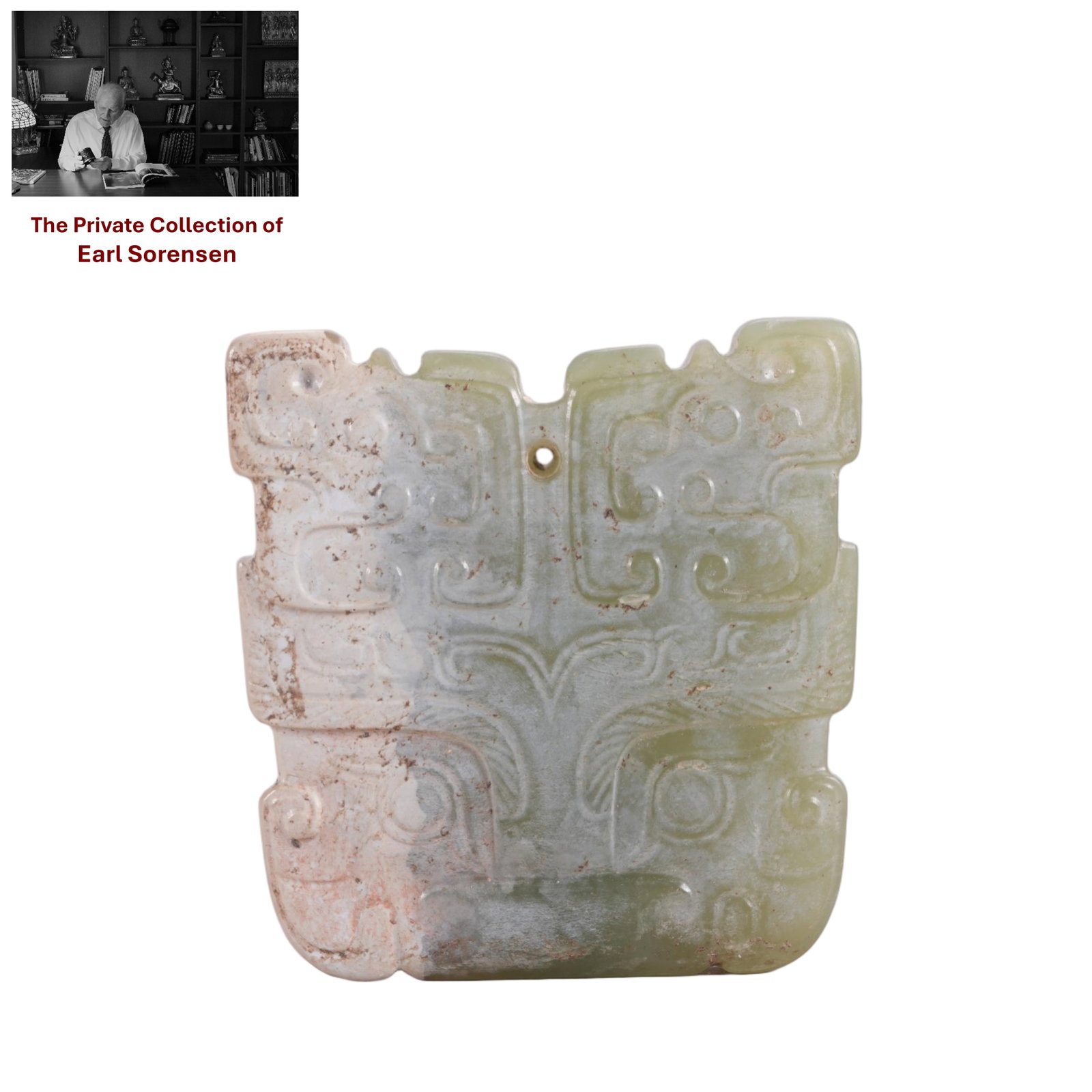 A CHINESE ARCHAIC JADE PENDANT: PROVENANCE: The private collection of Earl Sorensen, based in Atlanta, Georgia, represents decades of dedicated collecting in the fields of Buddhist art and Chinese jade. An international businessman 