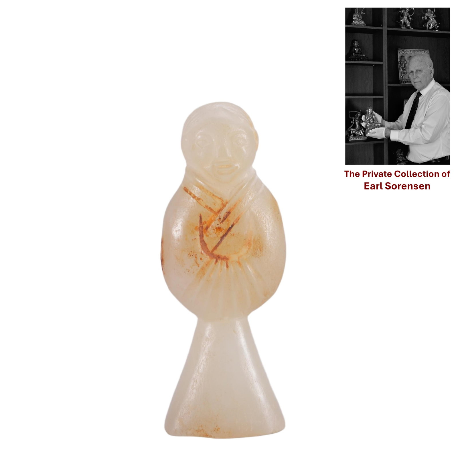 A CHINESE CARVED STANDING JADE FIGURE: PROVENANCE: The private collection of Earl Sorensen, based in Atlanta, Georgia, represents decades of dedicated collecting in the fields of Buddhist art and Chinese jade. An international businessman 