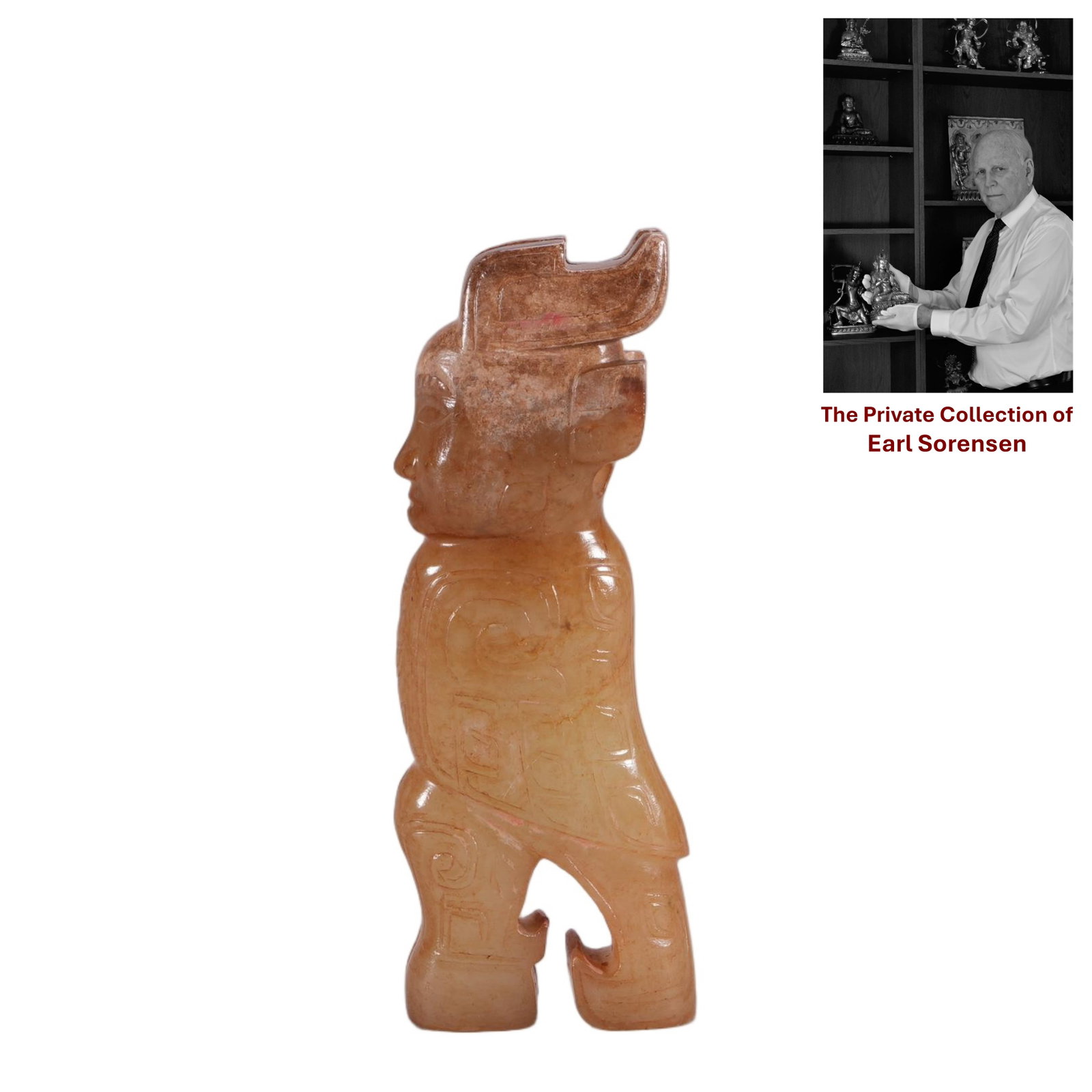 A CHINESE ARCHAIC JADE HUMAN FIGURE: PROVENANCE: The private collection of Earl Sorensen, based in Atlanta, Georgia, represents decades of dedicated collecting in the fields of Buddhist art and Chinese jade. An international businessman 
