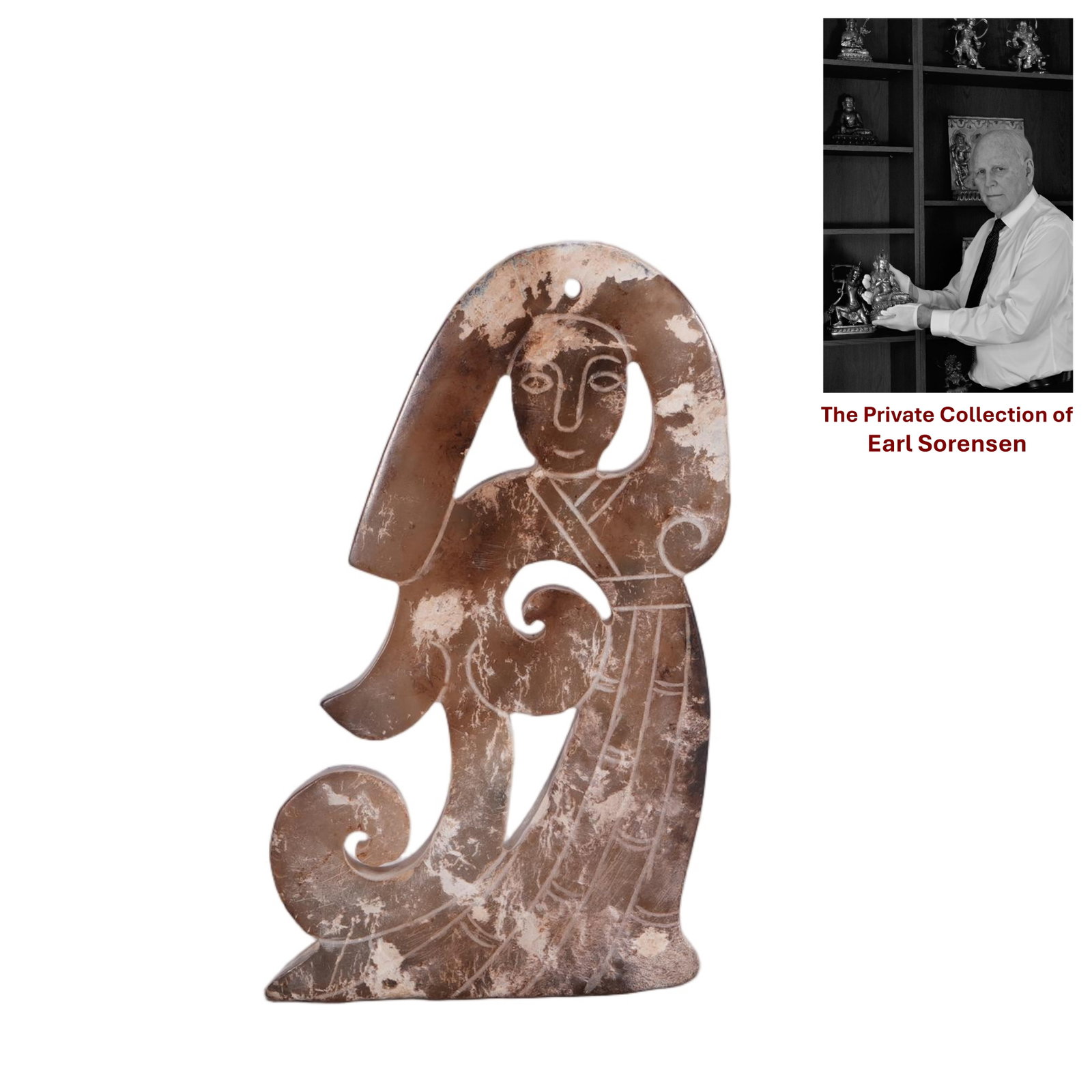 A CHINESE OPENWORK JADE DANCER PENDANT: PROVENANCE: The private collection of Earl Sorensen, based in Atlanta, Georgia, represents decades of dedicated collecting in the fields of Buddhist art and Chinese jade. An international businessman 