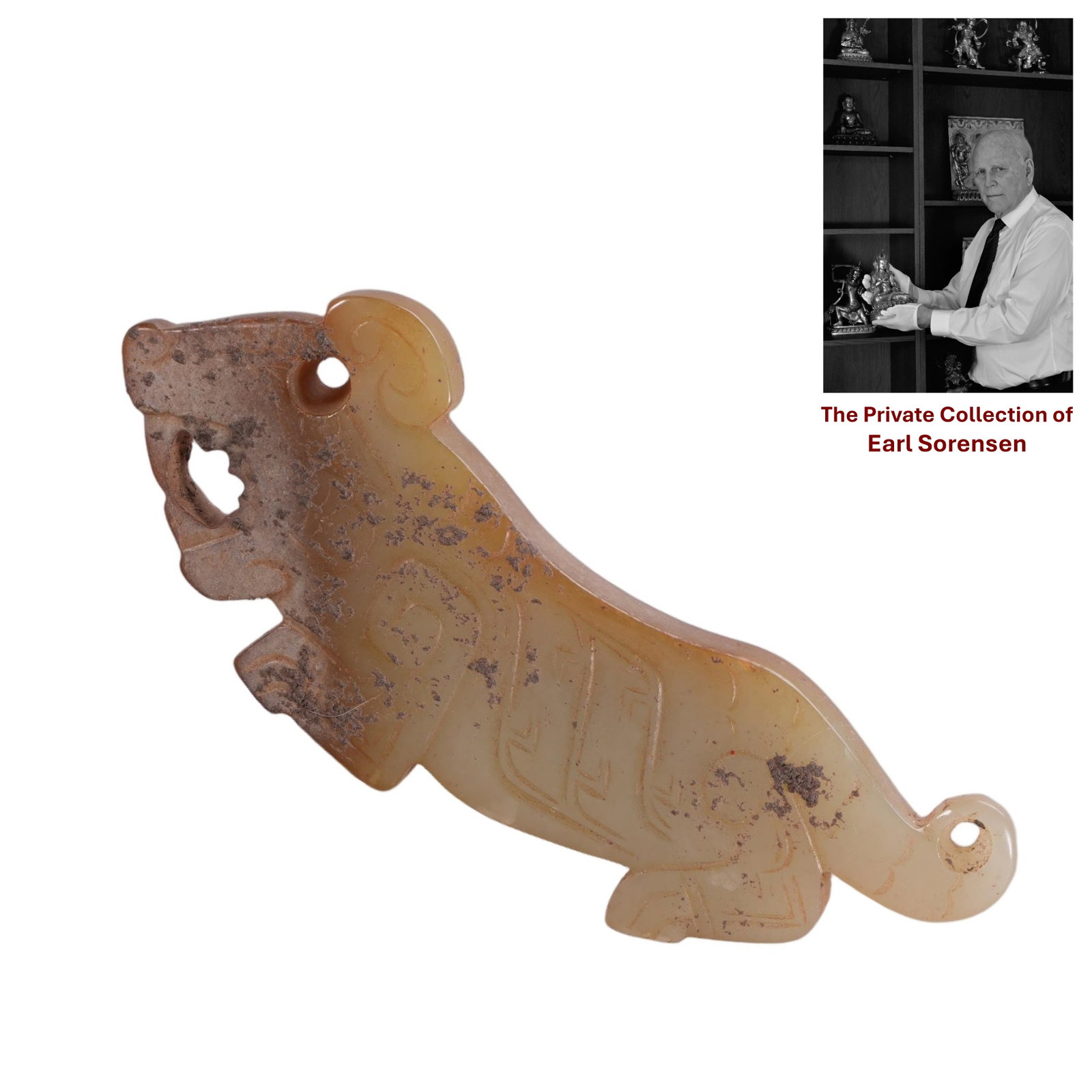 A CHINESE ARCHAIC JADE TIGER PENDANT: PROVENANCE: The private collection of Earl Sorensen, based in Atlanta, Georgia, represents decades of dedicated collecting in the fields of Buddhist art and Chinese jade. An international businessman 