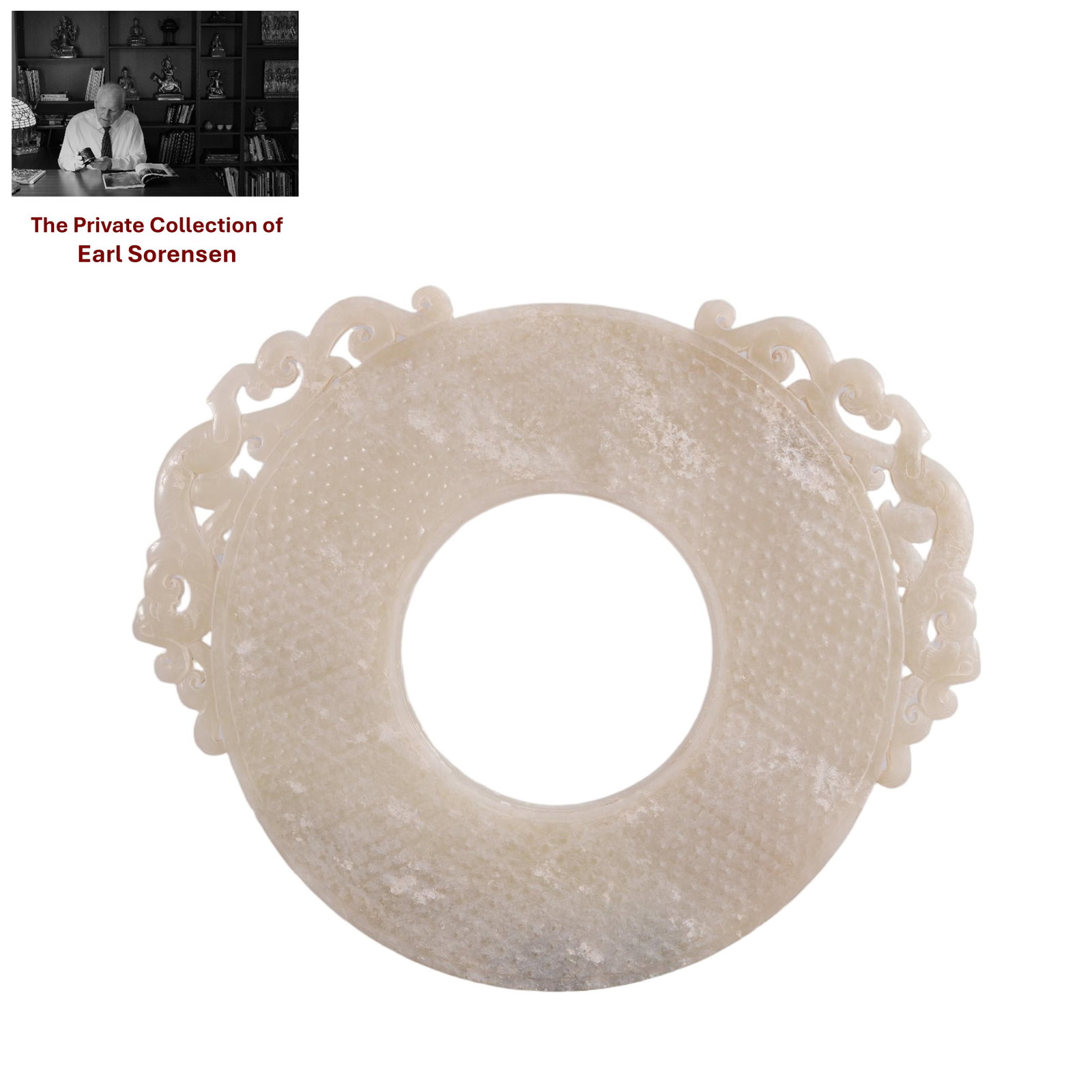 A CHINESE WHITE JADE BI WITH DRAGON OPENWORK: PROVENANCE: The private collection of Earl Sorensen, based in Atlanta, Georgia, represents decades of dedicated collecting in the fields of Buddhist art and Chinese jade. An international businessman 