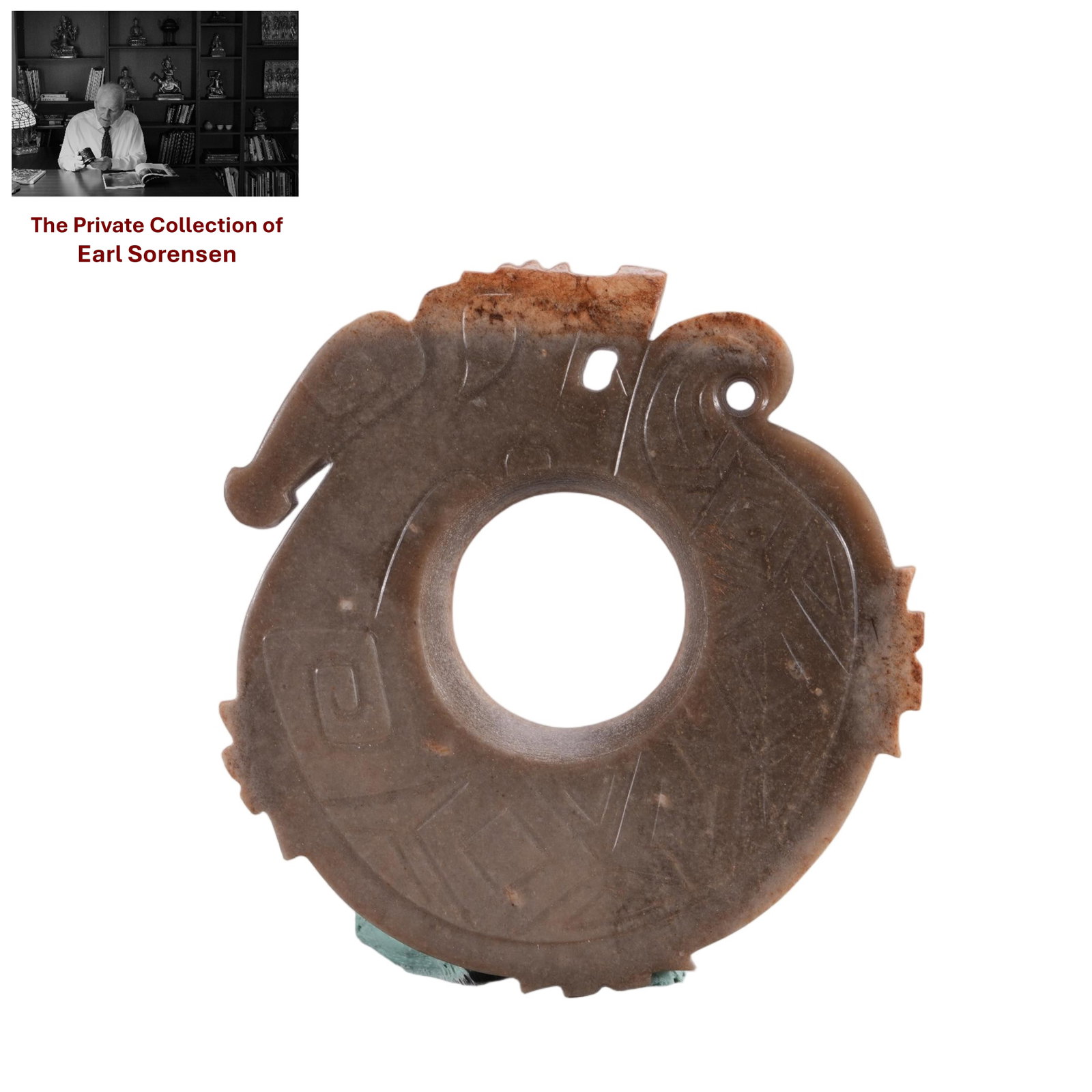 A CHINESE CARVED DRAGON JADE BI DISC: PROVENANCE: The private collection of Earl Sorensen, based in Atlanta, Georgia, represents decades of dedicated collecting in the fields of Buddhist art and Chinese jade. An international businessman 