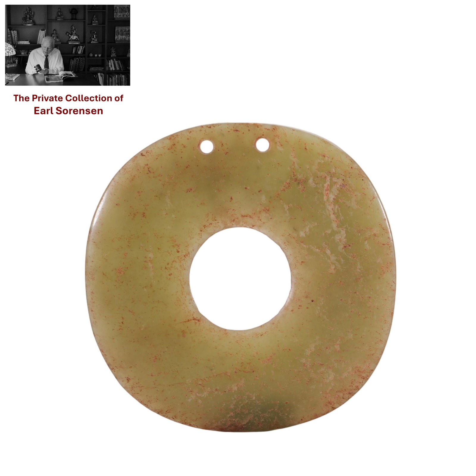 A CHINESE ARCHAIC JADE BI DISC: PROVENANCE: The private collection of Earl Sorensen, based in Atlanta, Georgia, represents decades of dedicated collecting in the fields of Buddhist art and Chinese jade. An international businessman 