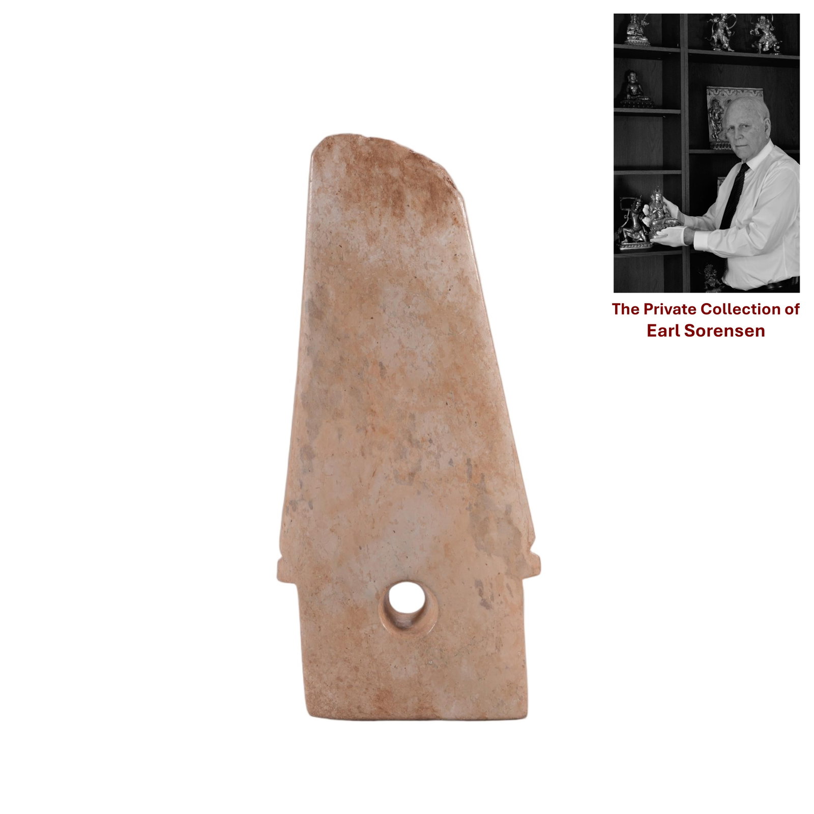 A CHINESE ARCHAIC JADE KNIFE: PROVENANCE: The private collection of Earl Sorensen, based in Atlanta, Georgia, represents decades of dedicated collecting in the fields of Buddhist art and Chinese jade. An international businessman 