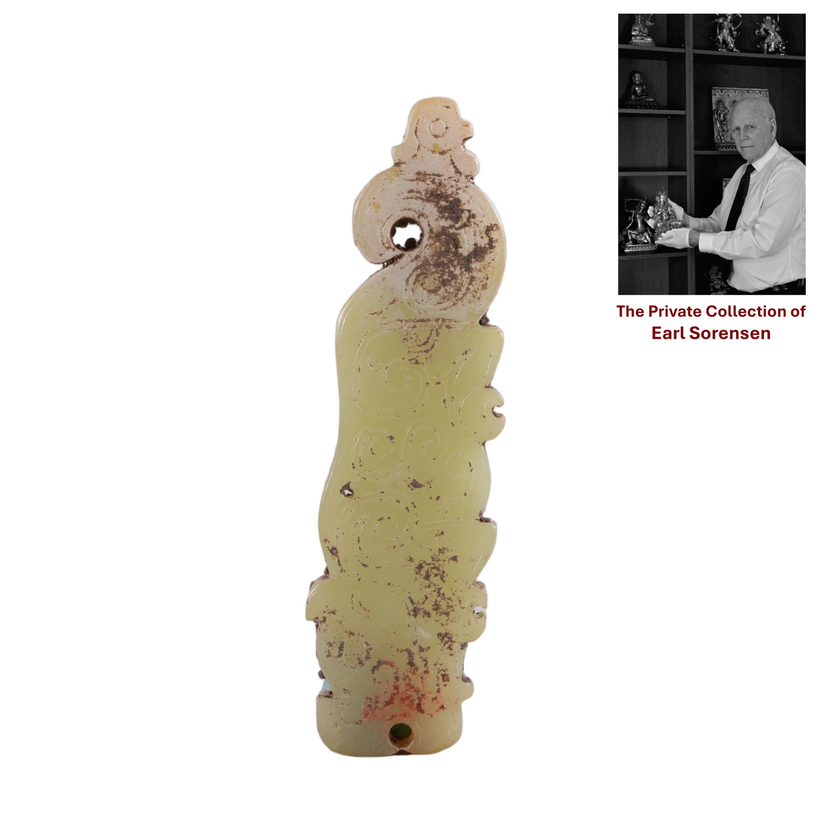 A CHINESE ARCHAIC JADE PHOENIX PENDANT: PROVENANCE: The private collection of Earl Sorensen, based in Atlanta, Georgia, represents decades of dedicated collecting in the fields of Buddhist art and Chinese jade. An international businessman 