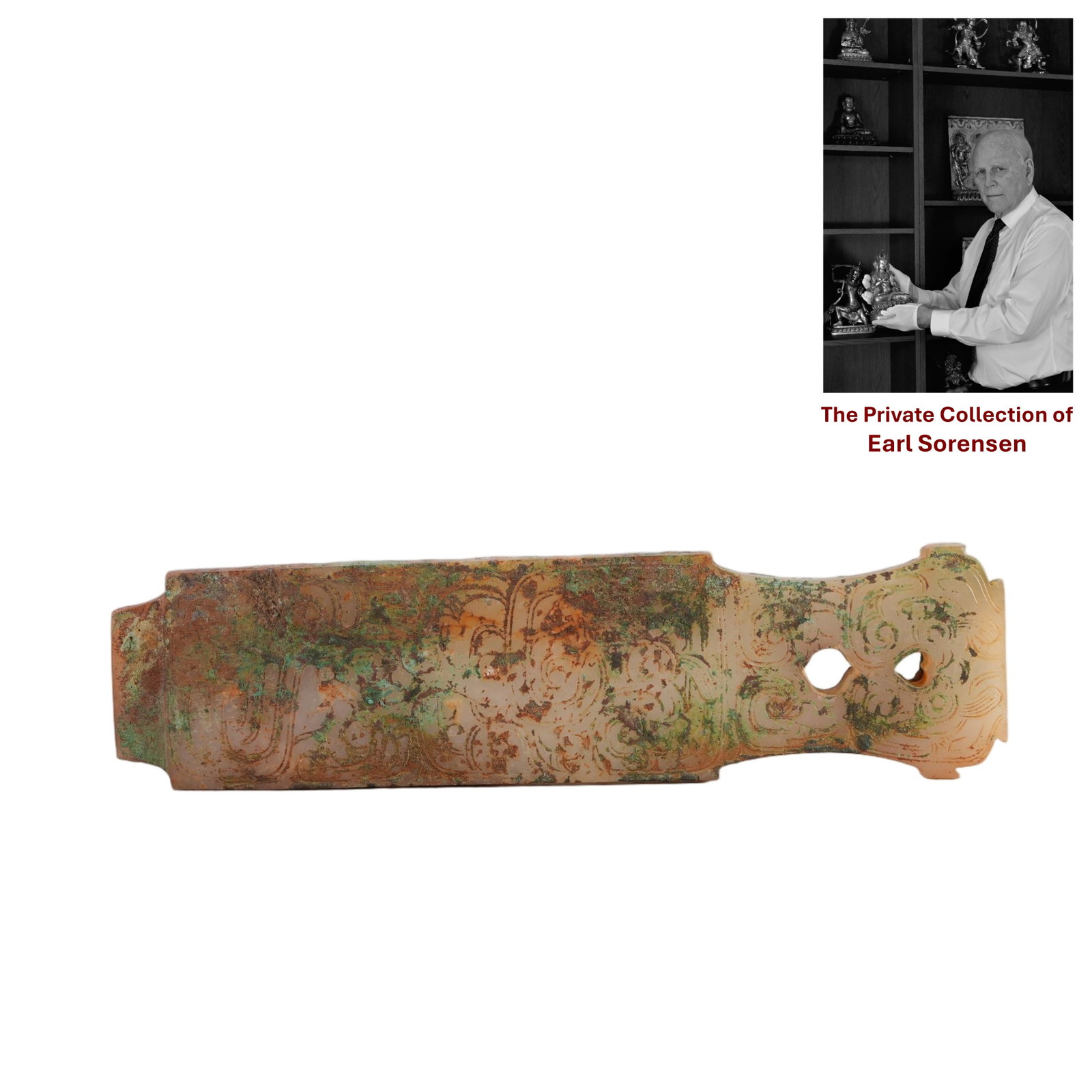 A CHINESE ARCHAIC CARVED JADE FITTING: PROVENANCE: The private collection of Earl Sorensen, based in Atlanta, Georgia, represents decades of dedicated collecting in the fields of Buddhist art and Chinese jade. An international businessman 