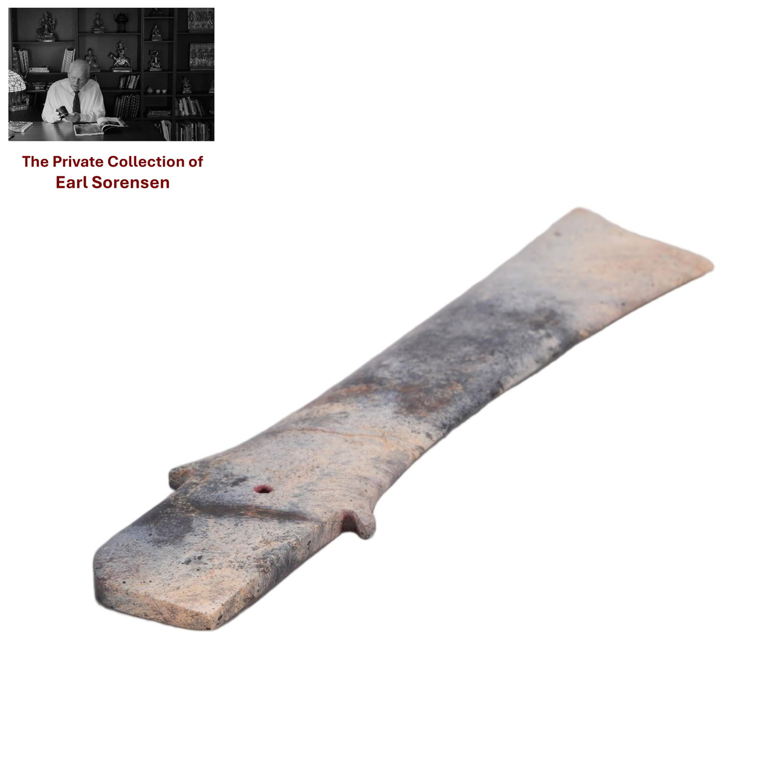 A CHINESE ARCHAIC JADE CEREMONIAL BLADE: PROVENANCE: The private collection of Earl Sorensen, based in Atlanta, Georgia, represents decades of dedicated collecting in the fields of Buddhist art and Chinese jade. An international businessman 