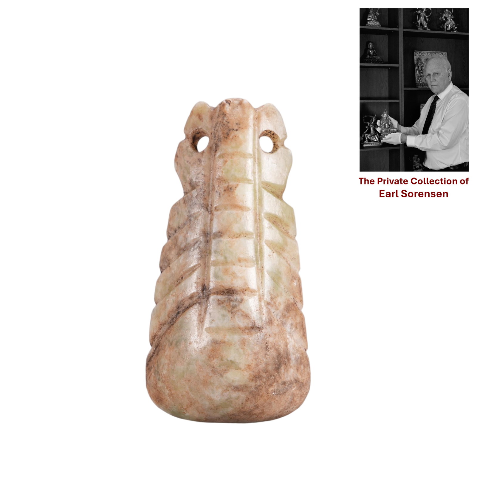 A CHINESE ARCHAIC JADE INSECT PENDANT: PROVENANCE: The private collection of Earl Sorensen, based in Atlanta, Georgia, represents decades of dedicated collecting in the fields of Buddhist art and Chinese jade. An international businessman 