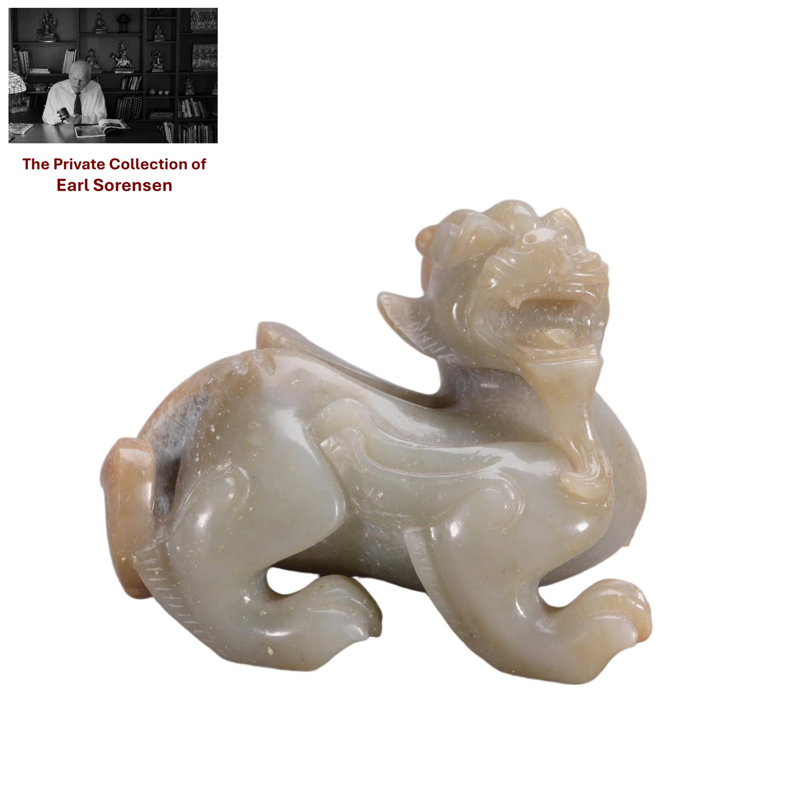 A CHINESE CARVED JADE MYTHICAL BEAST: PROVENANCE: The private collection of Earl Sorensen, based in Atlanta, Georgia, represents decades of dedicated collecting in the fields of Buddhist art and Chinese jade. An international businessman 