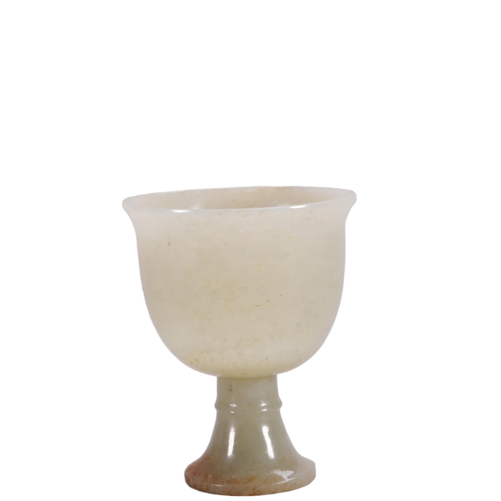 A CHINESE HETIAN JADE STEMMED CUP: Fashioned from pale milky Hetian nephrite dotted with faint russet natural flecks, this elegant stemmed cup boasts a wide flared rim and gently tapering bowl supported by a segmented baluster stem. A 
