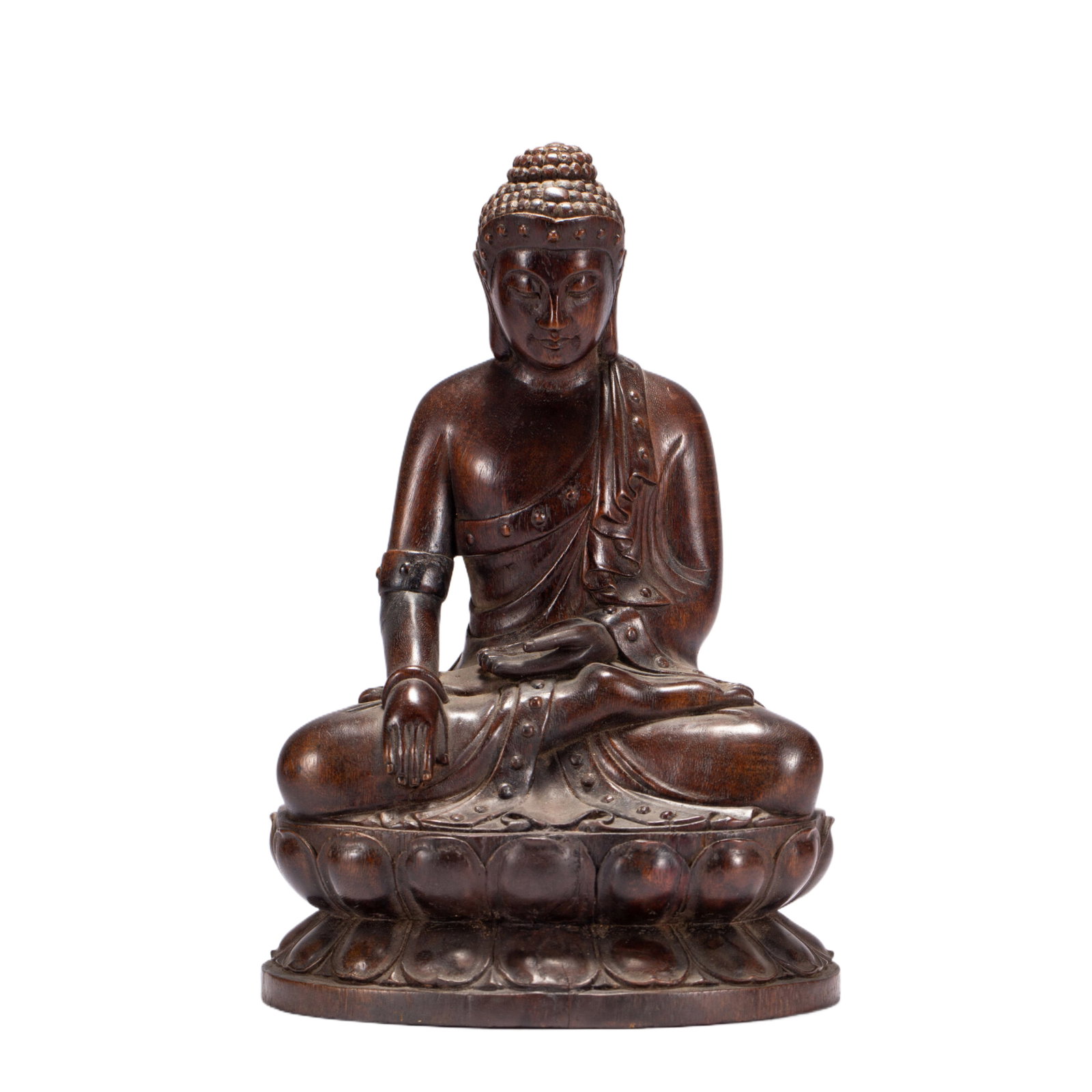 A CHINESE AGARWOOD BUDDHA STATUE: This dignified Buddha figure is finely carved from premium agarwood, seated in stable cross-legged lotus posture atop a layered lotus pedestal with plump, meticulously sculpted petals. The sculpture s