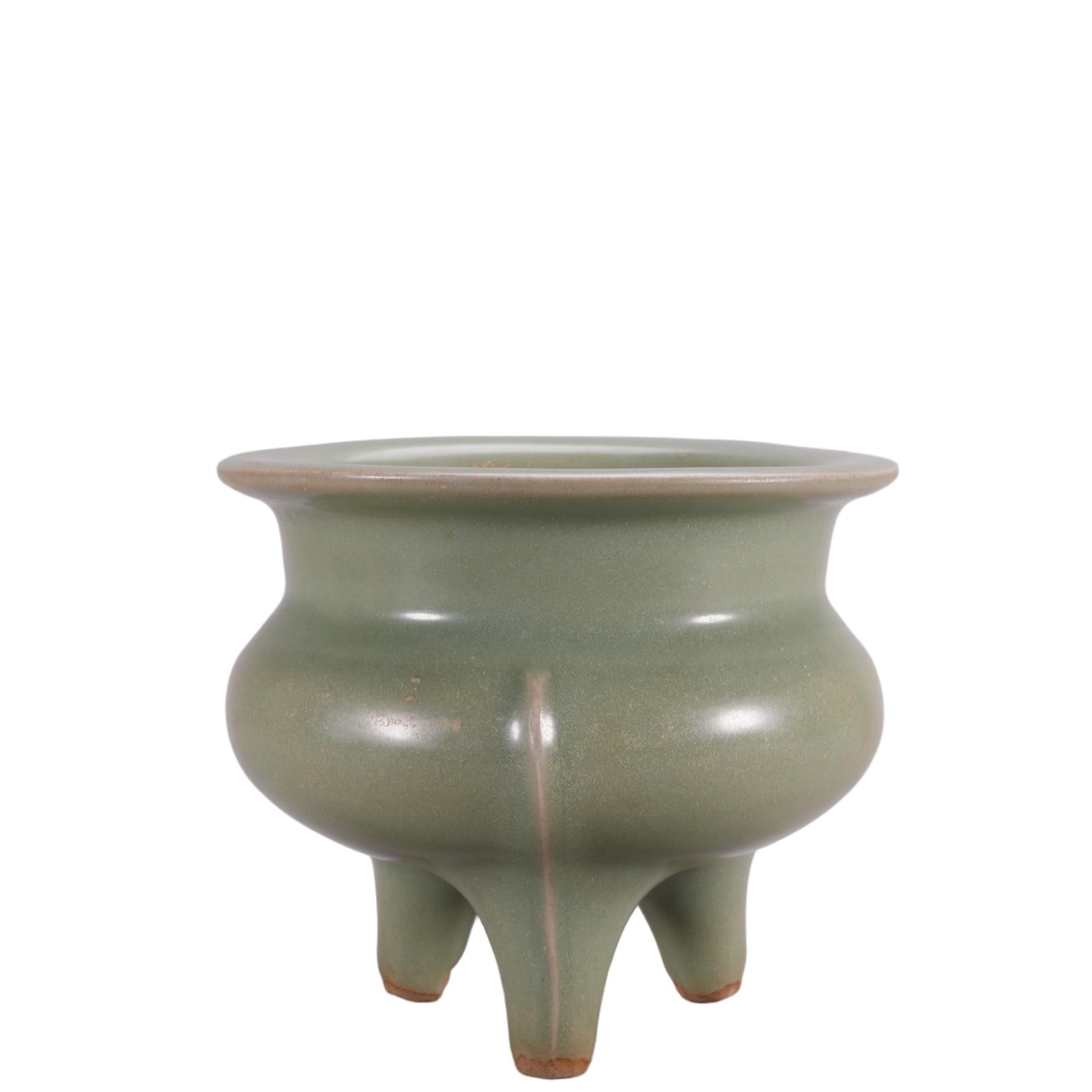 A CHINESE LONGQUAN PINKISH CELADON LI CENSER: This tripod censer follows the ancient li bronze form with a wide flared rim, compressed bulbous midsection and three sturdy tapering legs marked by vertical dividing ribs. The entire body is coated i